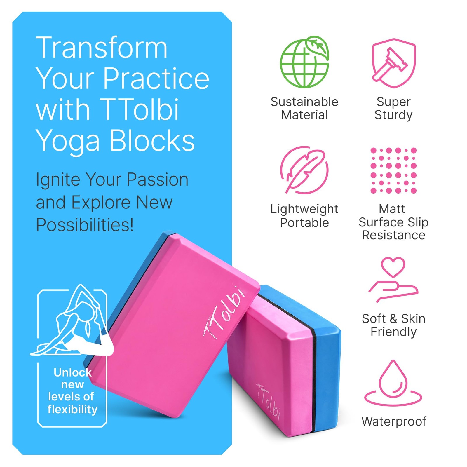 Yoga Starter Kit – Yoga Blocks 2 Pack, Strap & 2 Knee Pad Cushions