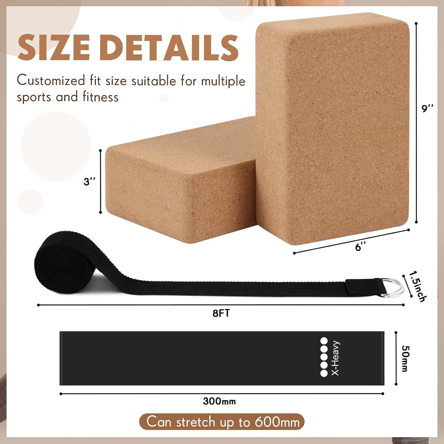 2 Pack Cork Yoga Block with Strap and 5 Pcs Resistance Bands Exercise Bands 9