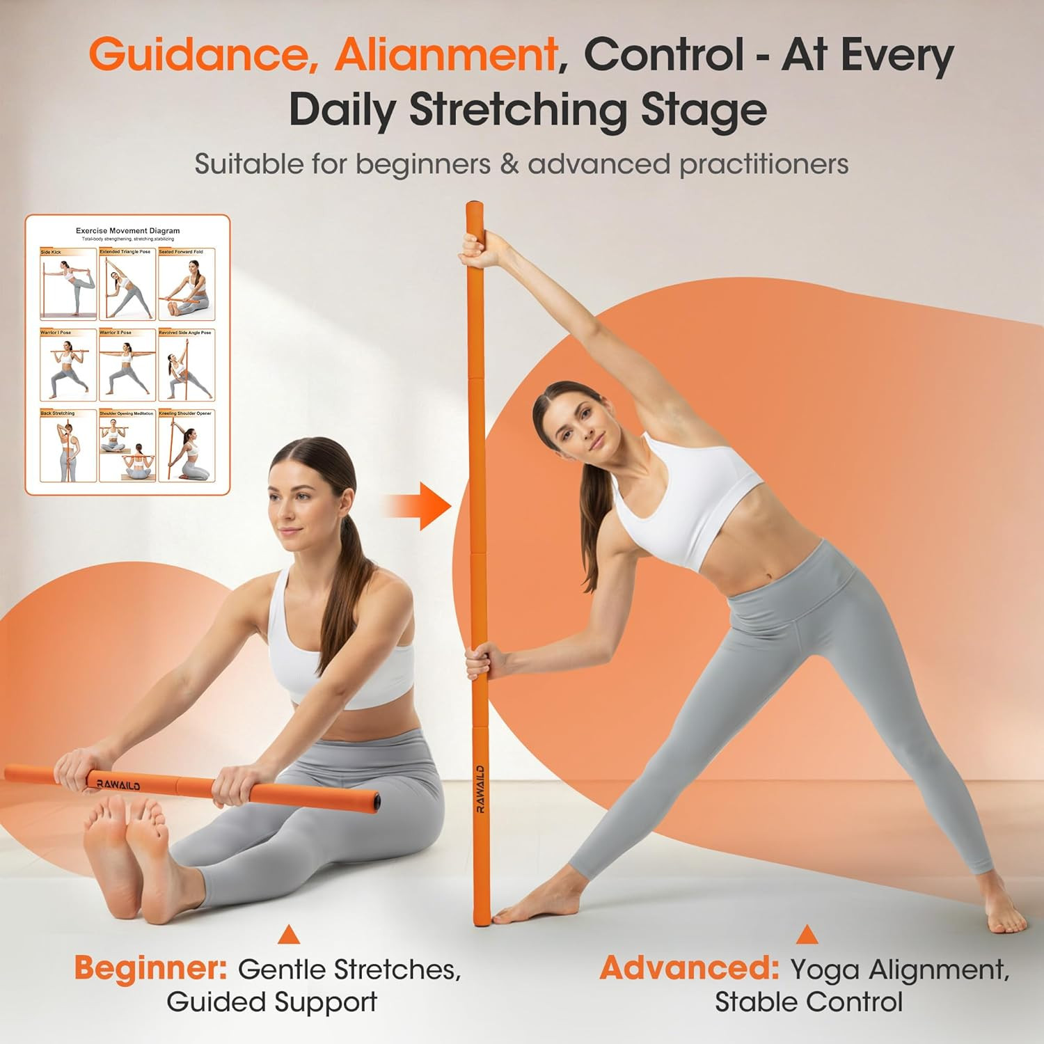 Yoga Stick, Upgraded 5Ft Sturdy Steel Mobility Stick, Adjustable Exercise Equipm