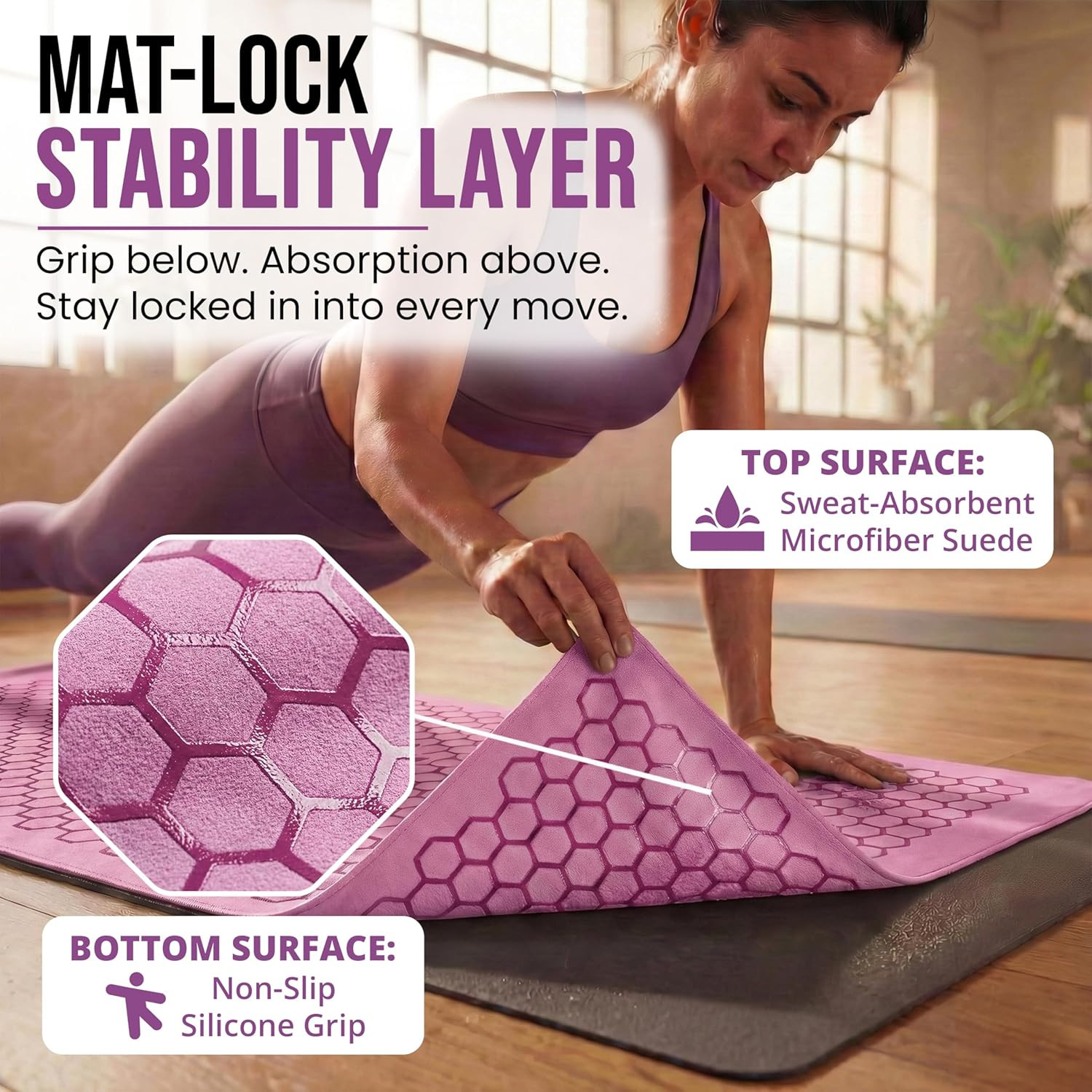 Hot Yoga Mat Towel – Non-Slip Grip for Hot Yoga, Sweat Absorbent, Honeycomb Sili