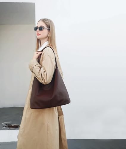Soft Vegan Leather Hobo Bag for Women, Slouchy Shoulder Tote, Coffee