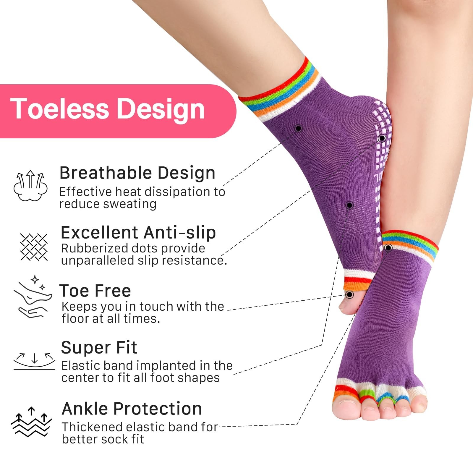 Women&rsquo;s Toe Separator Yoga Socks 5-Pack – Non-Slip Grips, Barefoot Pilates So…