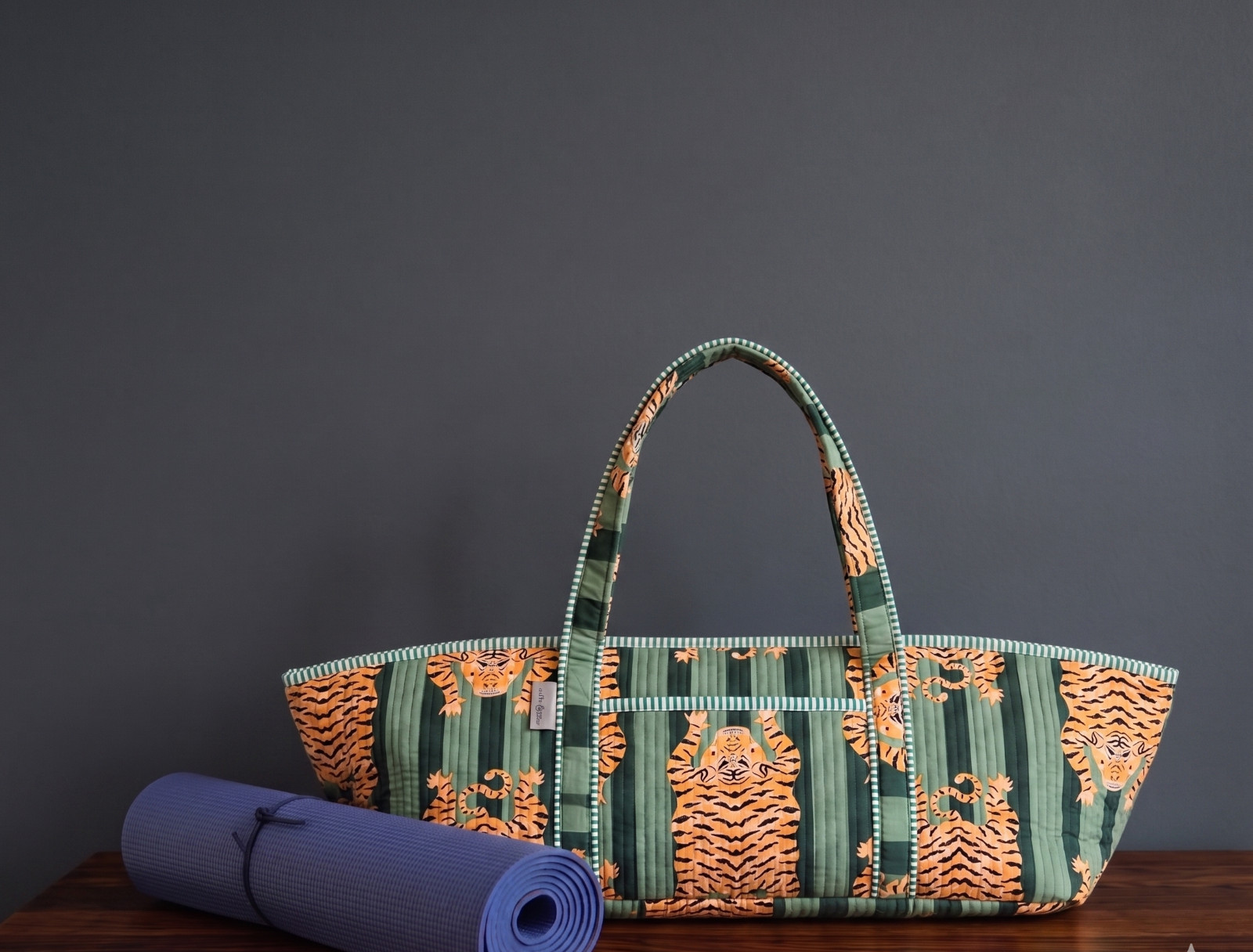 Dark Green Quilted Tiger Print Yoga Mat Bag: Indian Handmade Cotton Tote Bag US