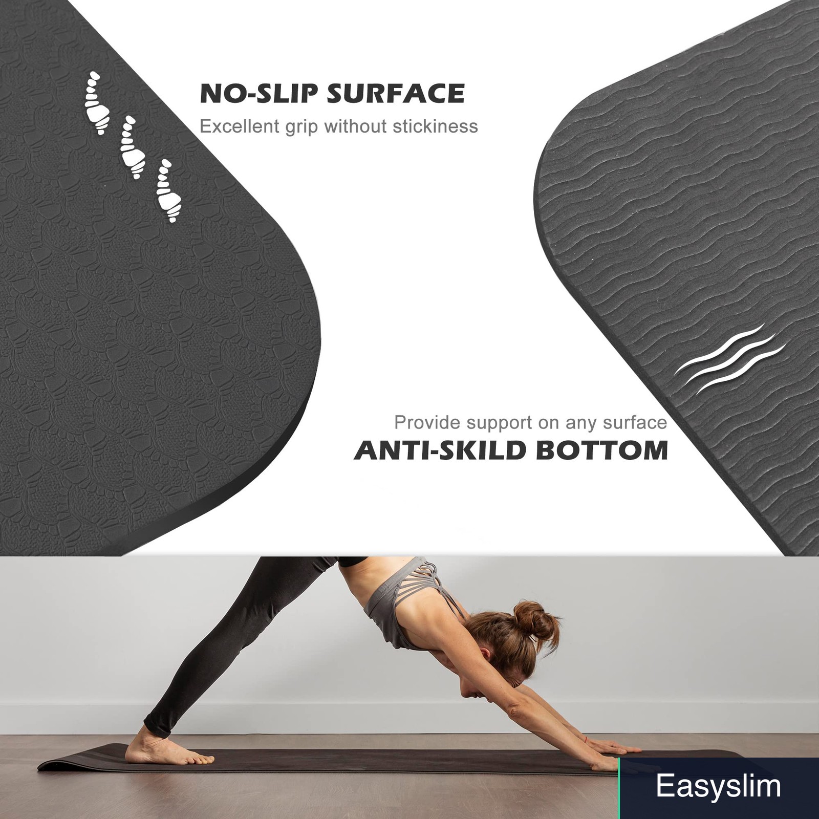 Yoga Mat 72×24 Inches Non Slip Black TPE Eco Friendly Carrying Strap