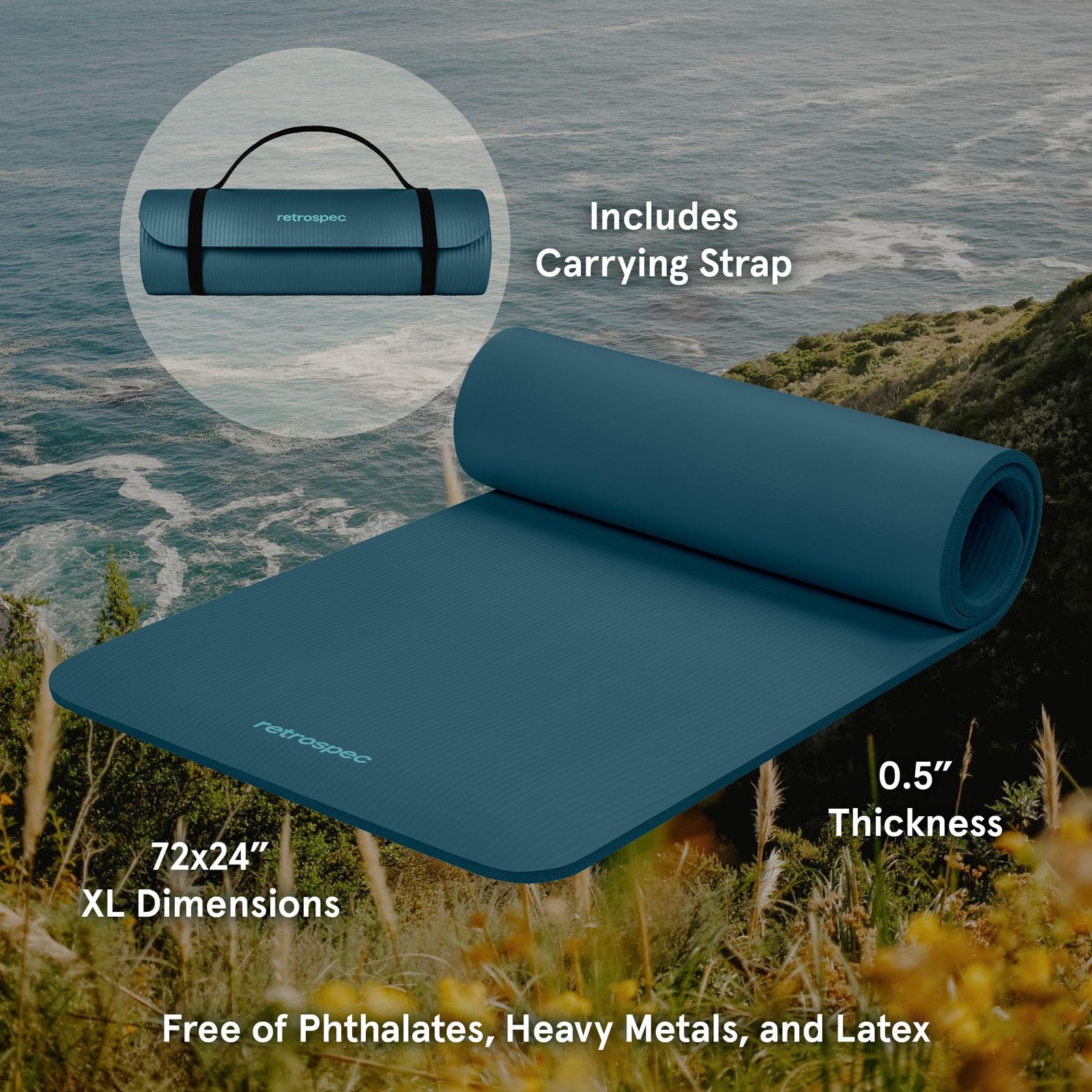 Retrospec Solana Yoga Mat 1/2&Prime; Thick w/Nylon 1/2 inch, Ocean Blue