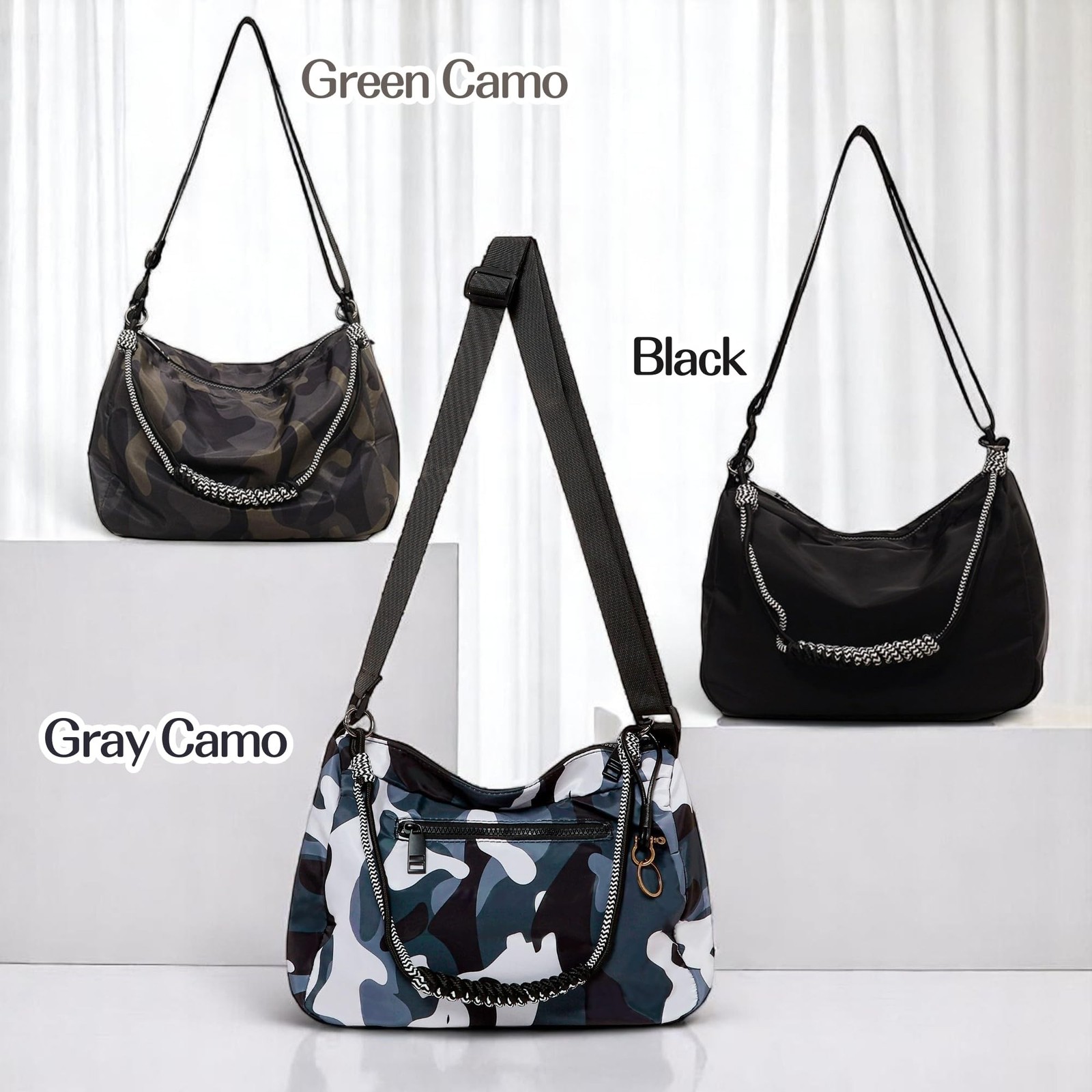 Womens Camouflage Adjustable Crossbody Zipper Hobo Bag with Genuine Leather, …