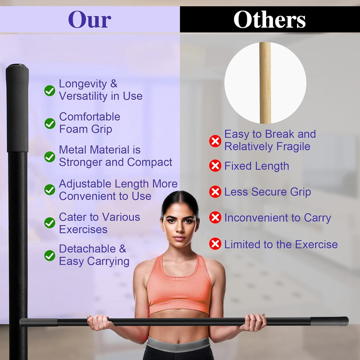 5Ft Heavy-Duty Steel Adjustable Yoga Stick with Resistance Bands