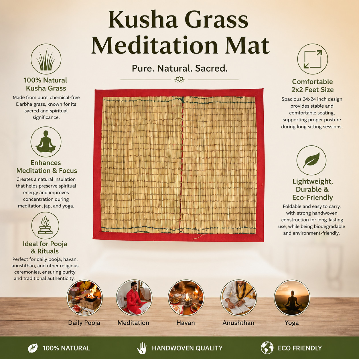 Traditional Durbha Grass Mat Kusha Asana for Meditation, Yoga &Puja 2X2 Ft 2-Pcs