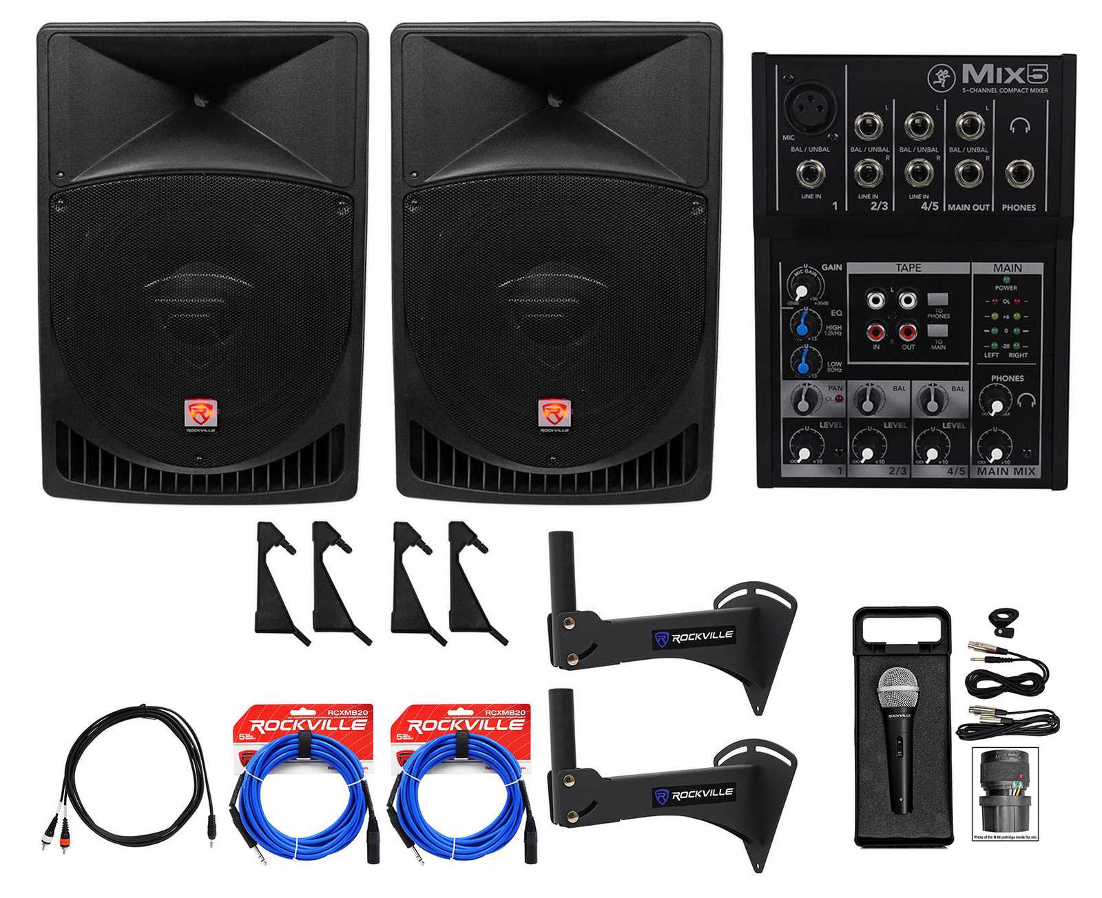 2 Rockville 15&Prime; Powered 1000w Crossfit Gym Workout Speaker System+Mixer+Bracket