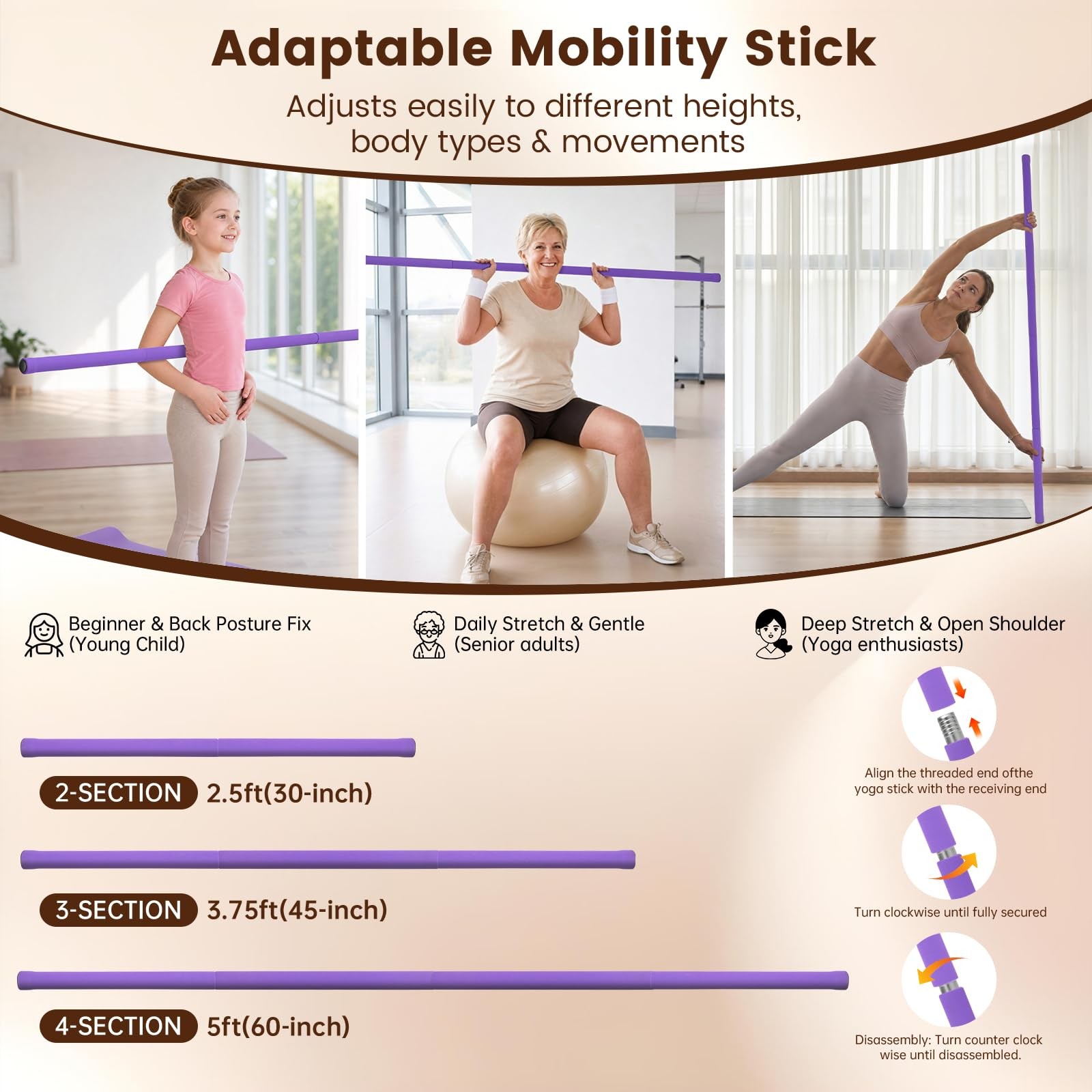 Yoga Stick, Upgraded 5ft Sturdy Steel Mobility Stick with 3 Adjustable Length