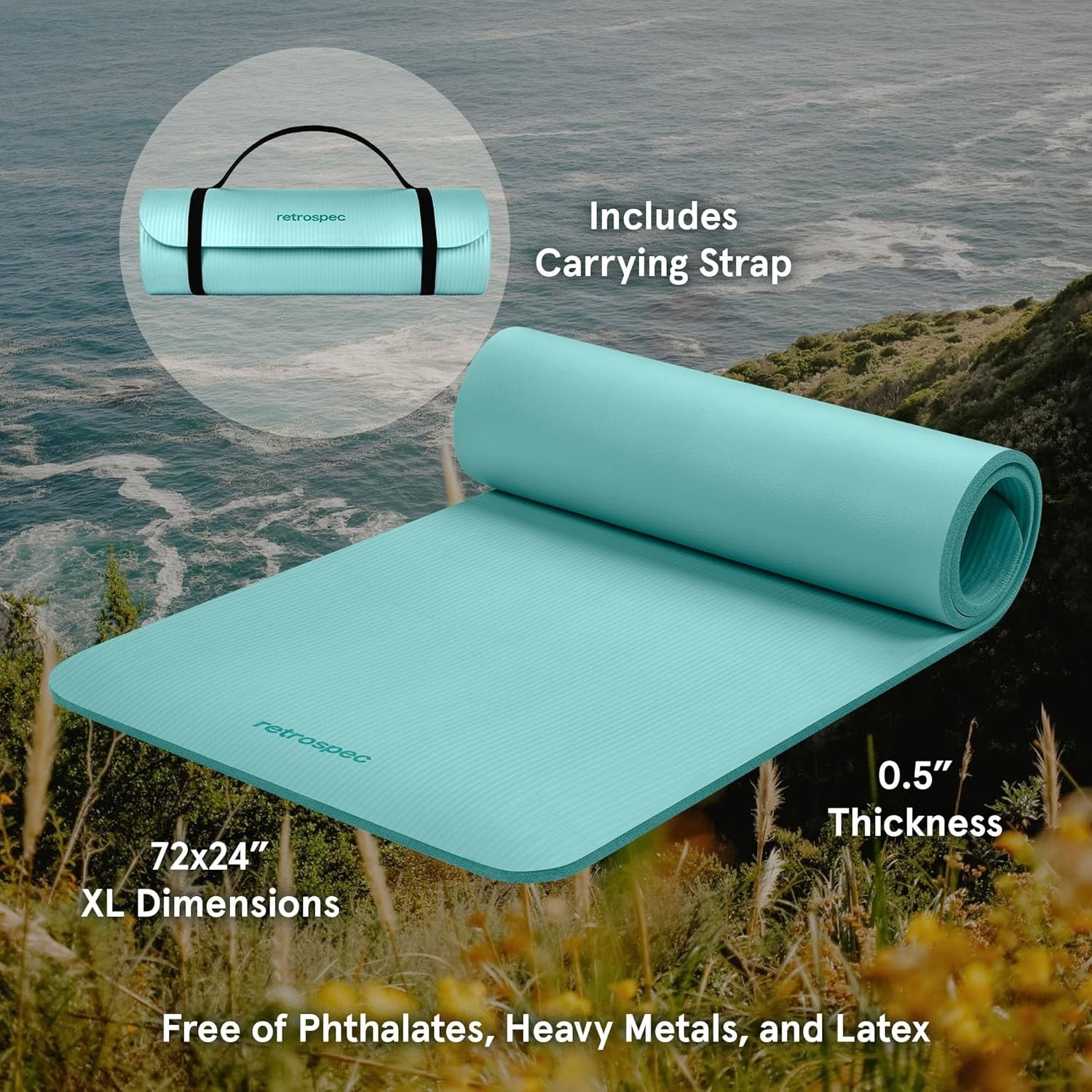 Solana Yoga Mat Thick 1/2in Non-Slip Workout Mat with Nylon Strap – 72x24in E…