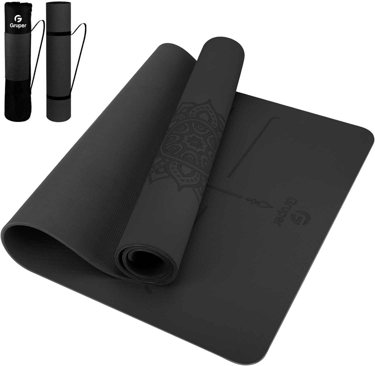 Yoga Mat Non Slip TPE Thick with Alignment 0.24*32*72 Inches, Black