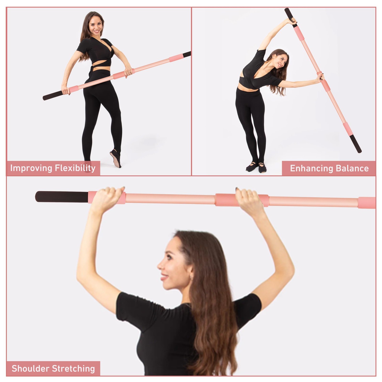 Pink Yoga Stick 58 Inch – Alloy Steel Stretching, Mobility & Exercise Stick w…