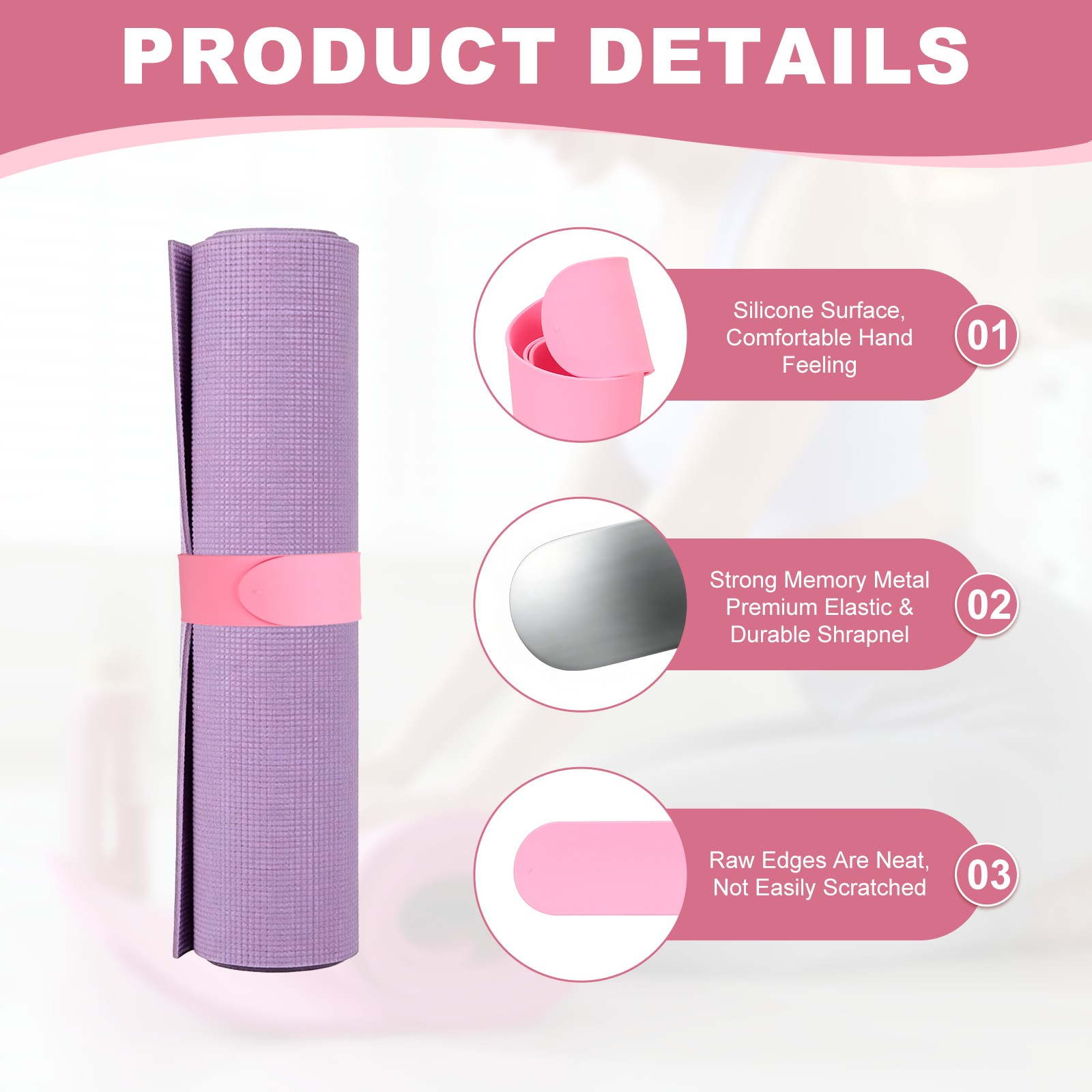 2Pcs Yoga Mat Strap Slap Band One Snap Yoga Mat Slap Band, Light Pink