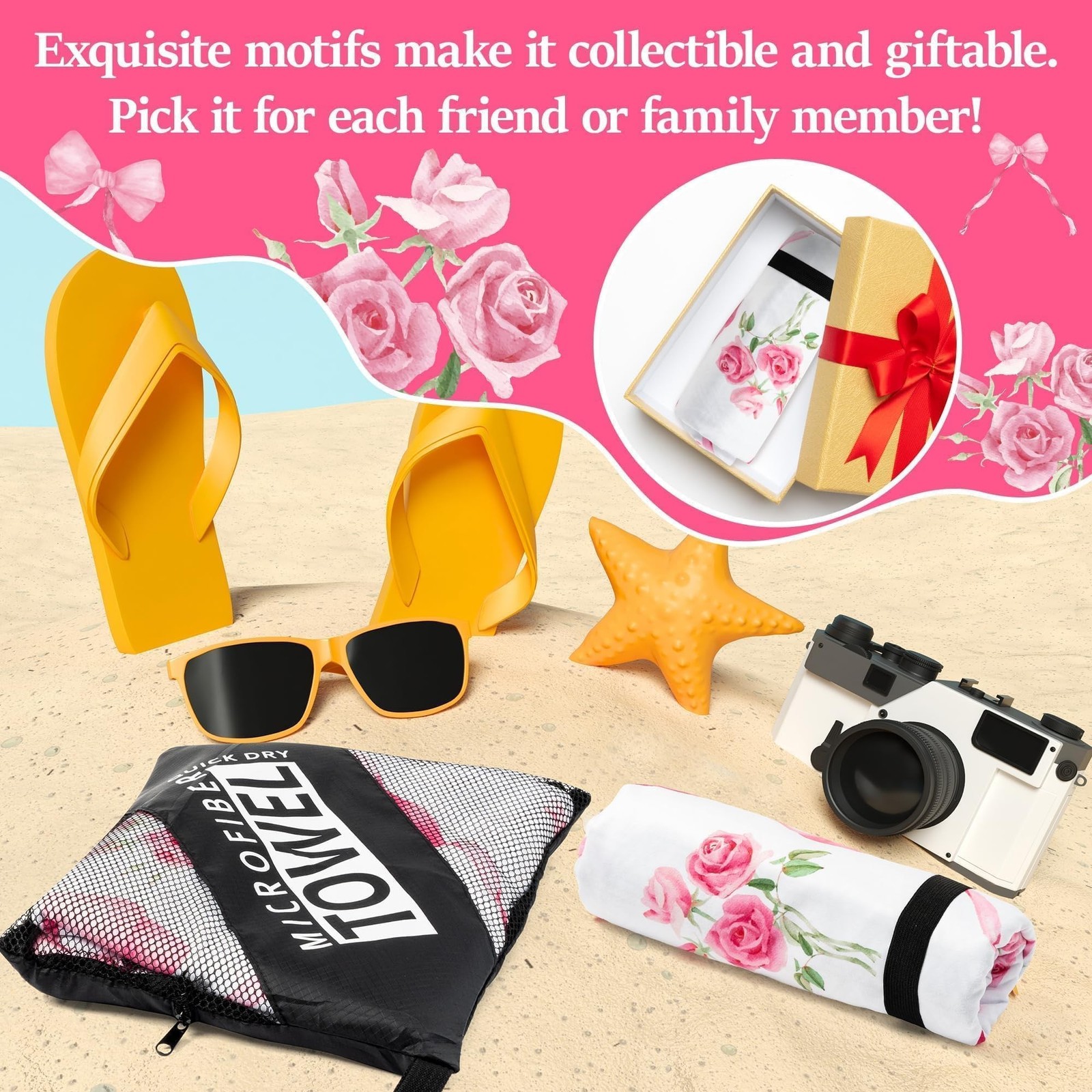 Pink Bow Oversized Beach Towel – Flower Double-sided Thin Microfiber Lightwei…