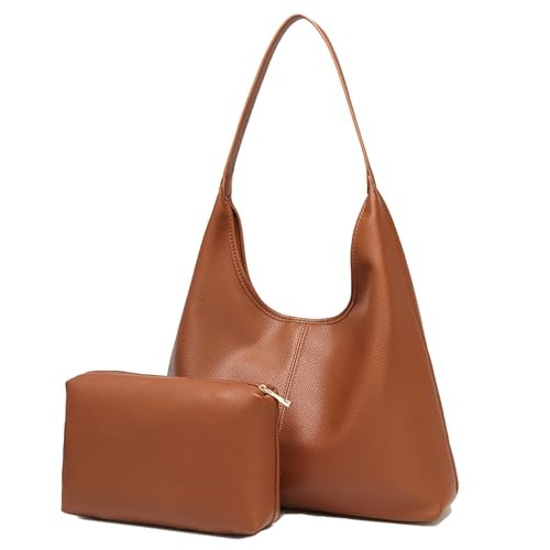 Hobo Bag for Women, Easygoing Soft Vegan Leather Shoulder Handbag Tote Brown