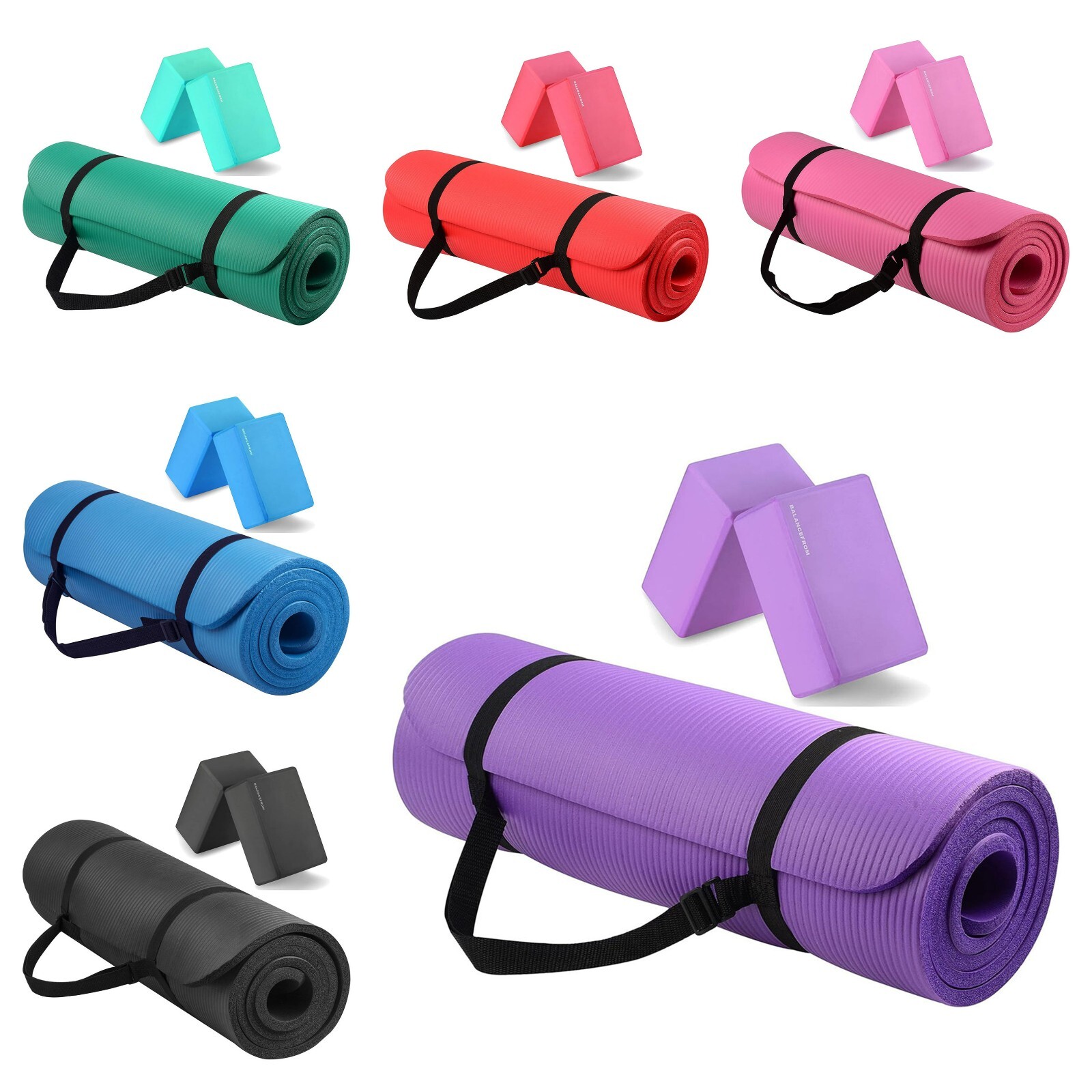 Exercise Yoga Mat 1/2-Inch Thick w/Yoga Blocks & Strap – Gym Pilates Meditation