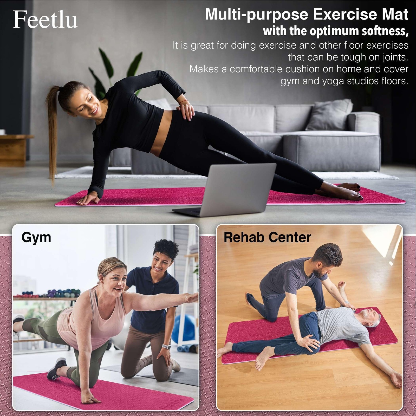 Yoga Mat with Strap – 10mm & 12mm Thick Yoga Mat, Non-Skid Dual Surface Wo