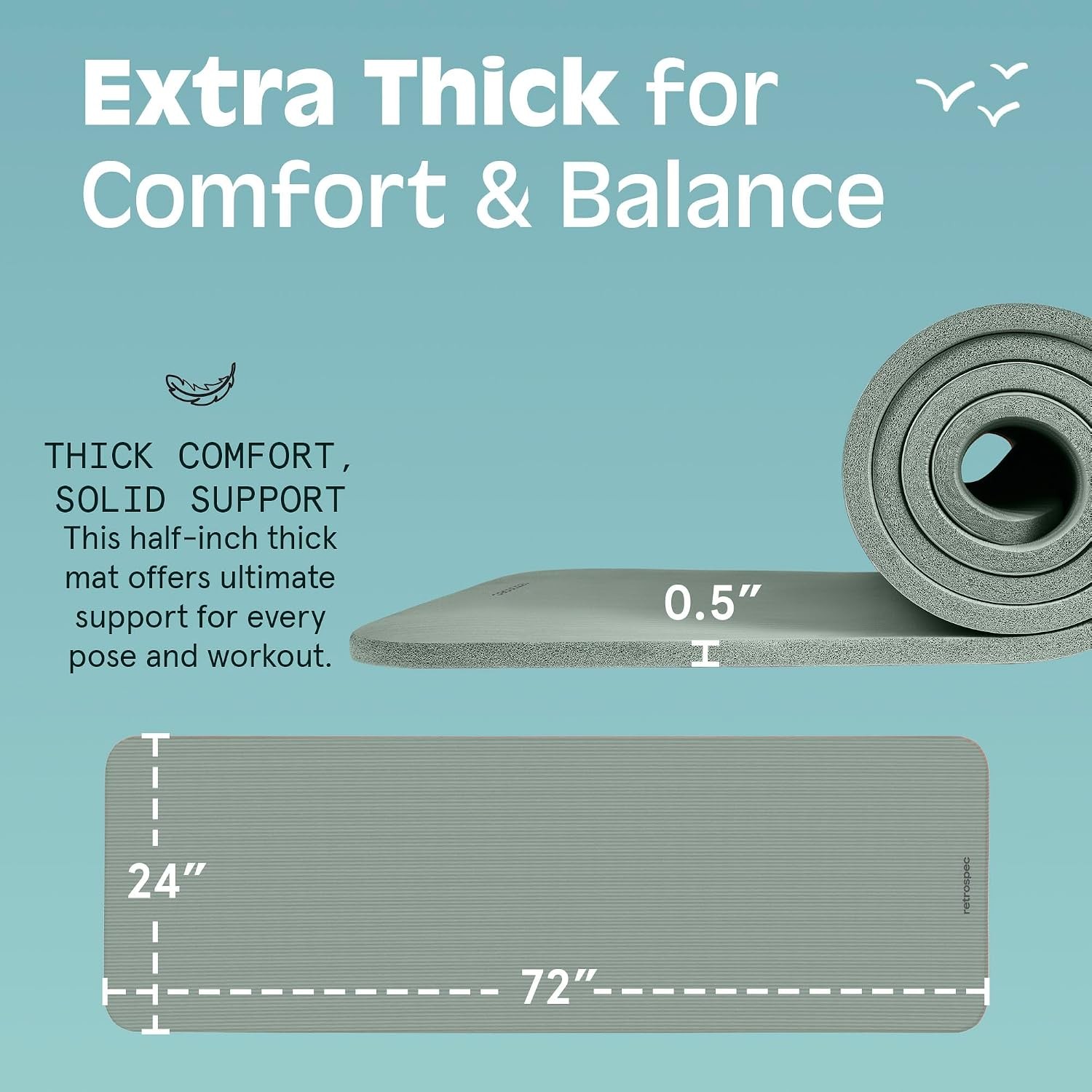 Solana Yoga Mat Thick 1/2in Non-Slip Workout Mat W/ Nylon Strap 72x24in Exercise