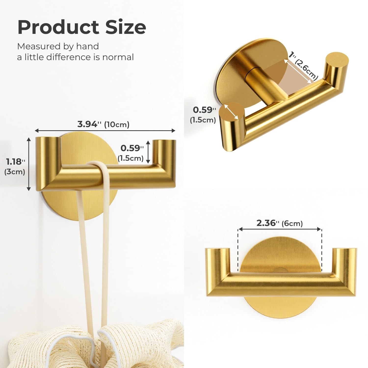 2 Pack Brushed Gold Bathroom Hooks for Towels – Self Adhesive Double Hooks fo…