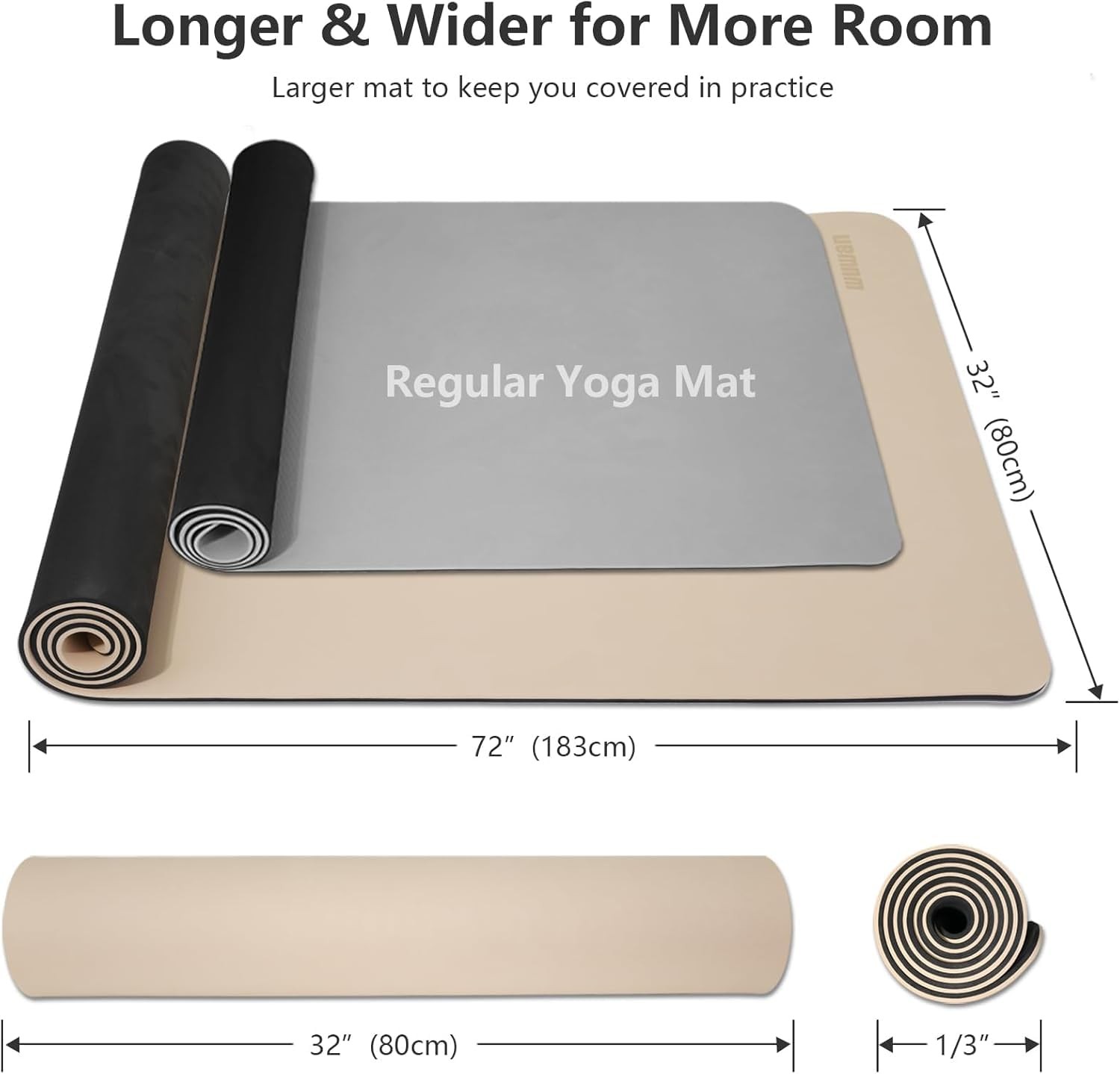 Wide Yoga Mat-80cm Non Slip Extra Thick 1/3 » 72&Prime; x 24&Prime; x 0.23&Prime;, beige