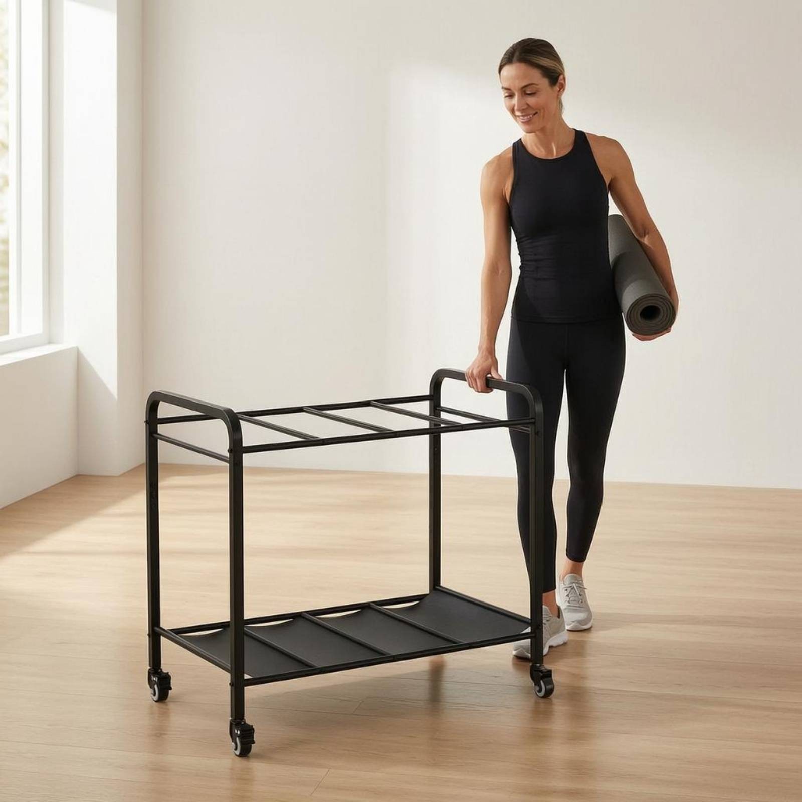 Exercise Mat Storage Rack Freestanding Exercise Gear Organizer with Wheels