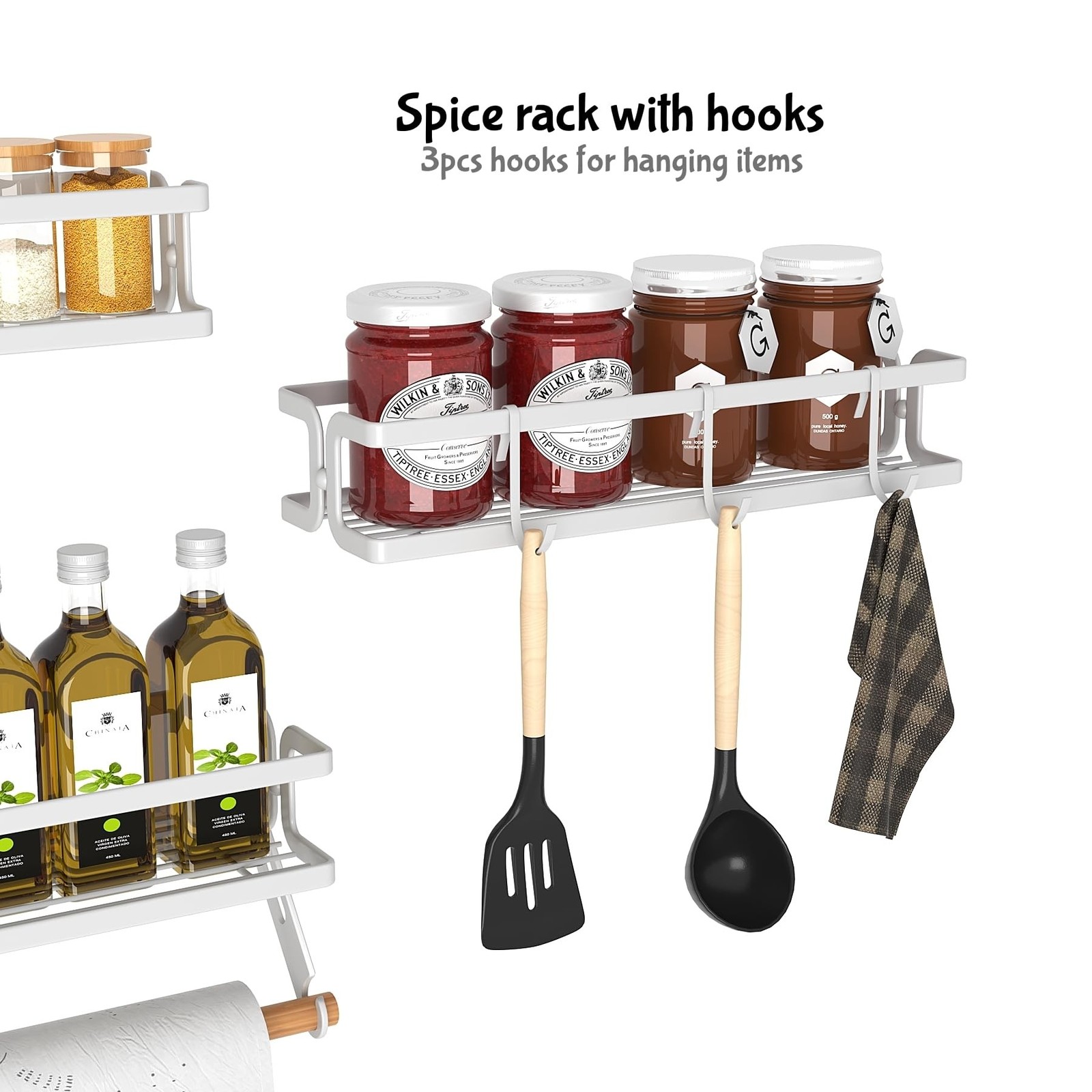 3 Pack Spice Rack Wall Mount With Paper Towel Holder and Hooks, Screw or Adhe…