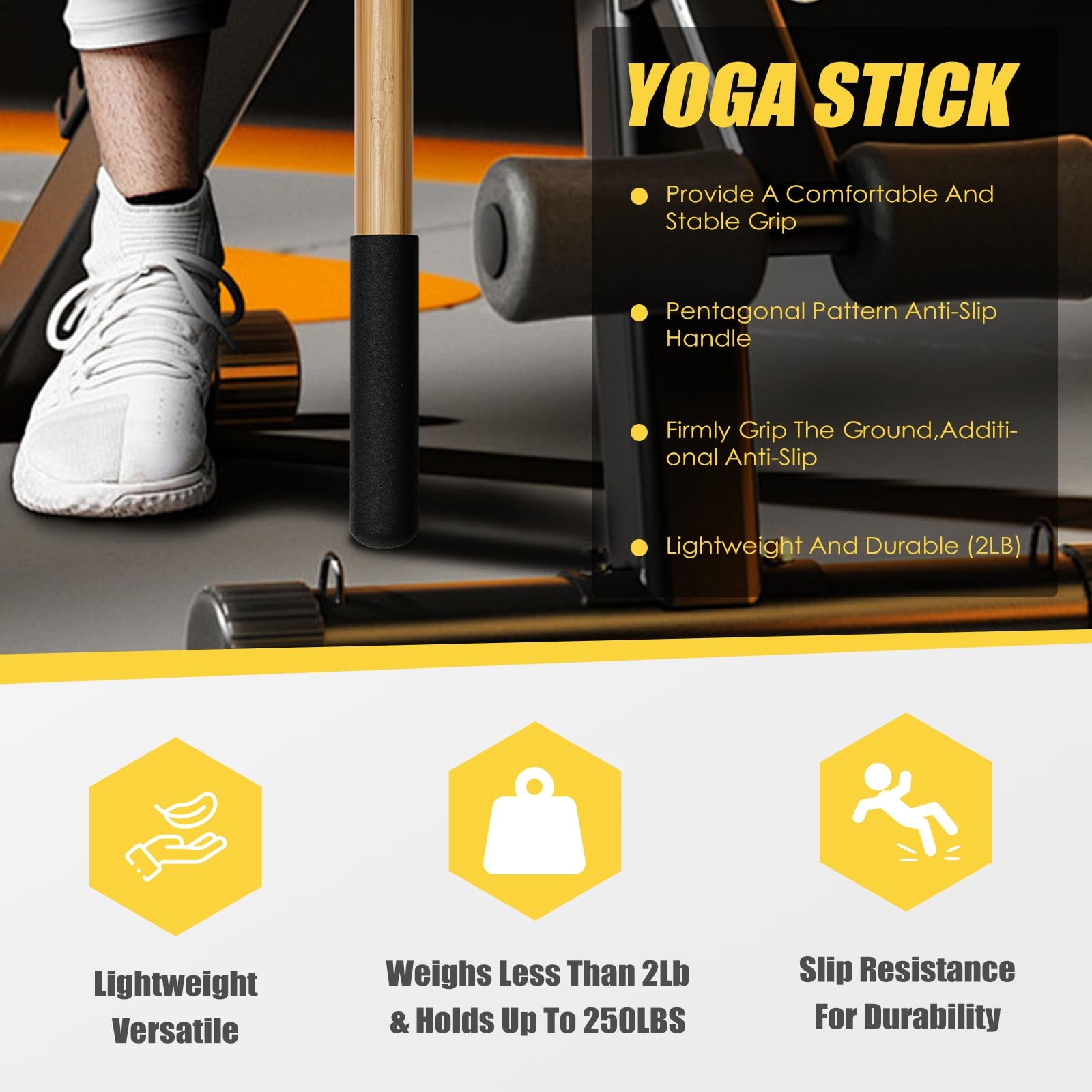 Bamboo Stretch Yoga Stick 5ft Physical Therapy Dowel Pilates Bar Rubber Handle