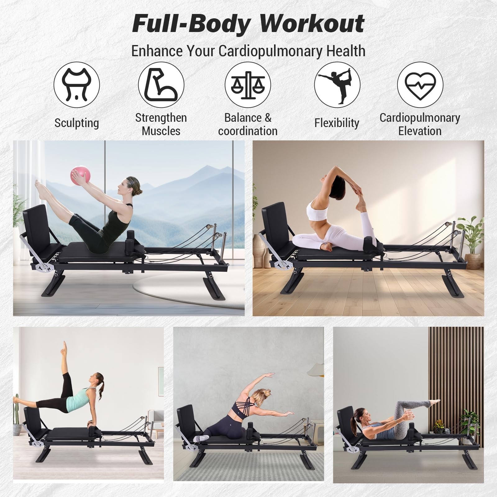 Foldable Pilates Reformer Machine with Wheels, Adjustable Armrests & Headrest