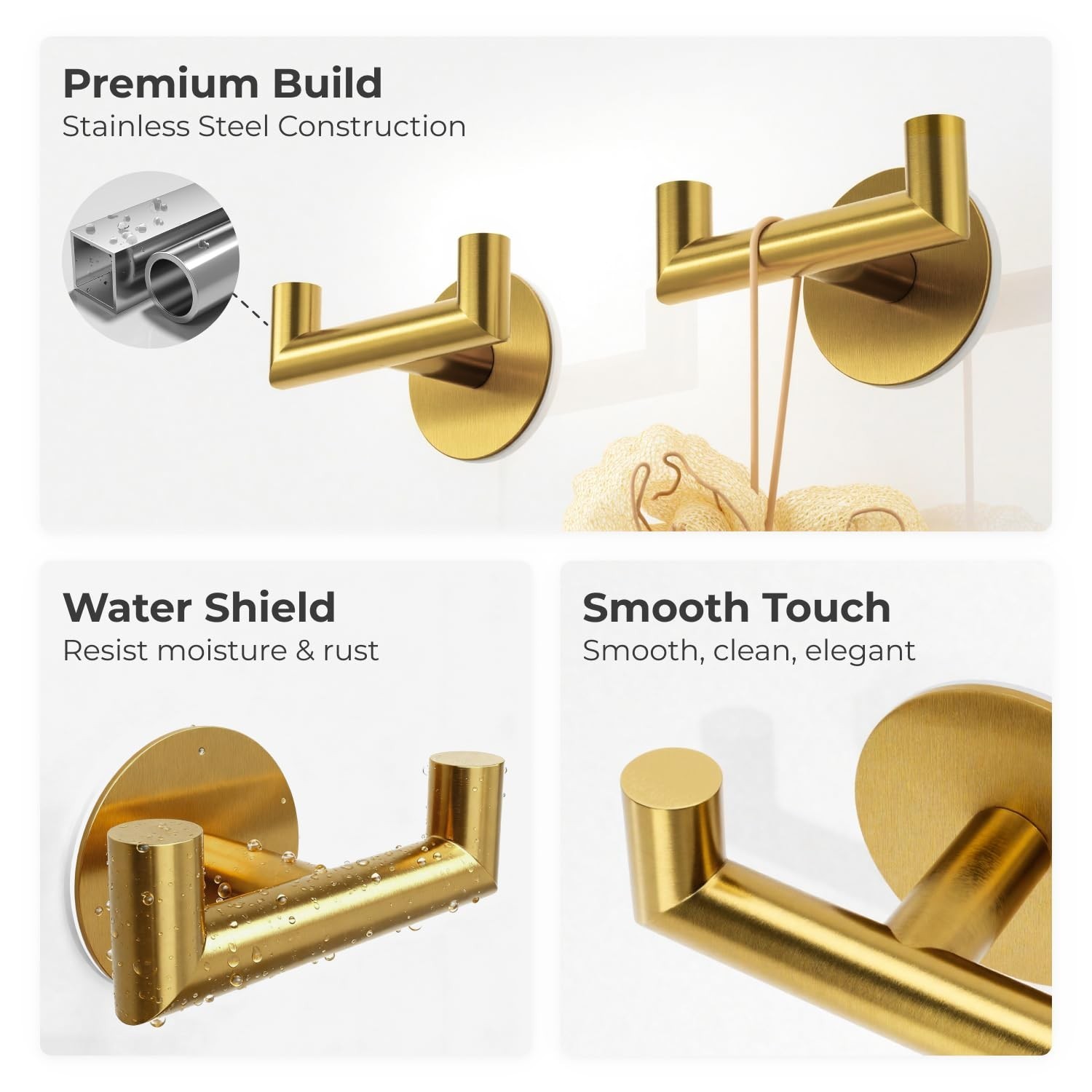 2 Pack Brushed Gold Bathroom Hooks for Towels – Self Adhesive Double Hooks fo…