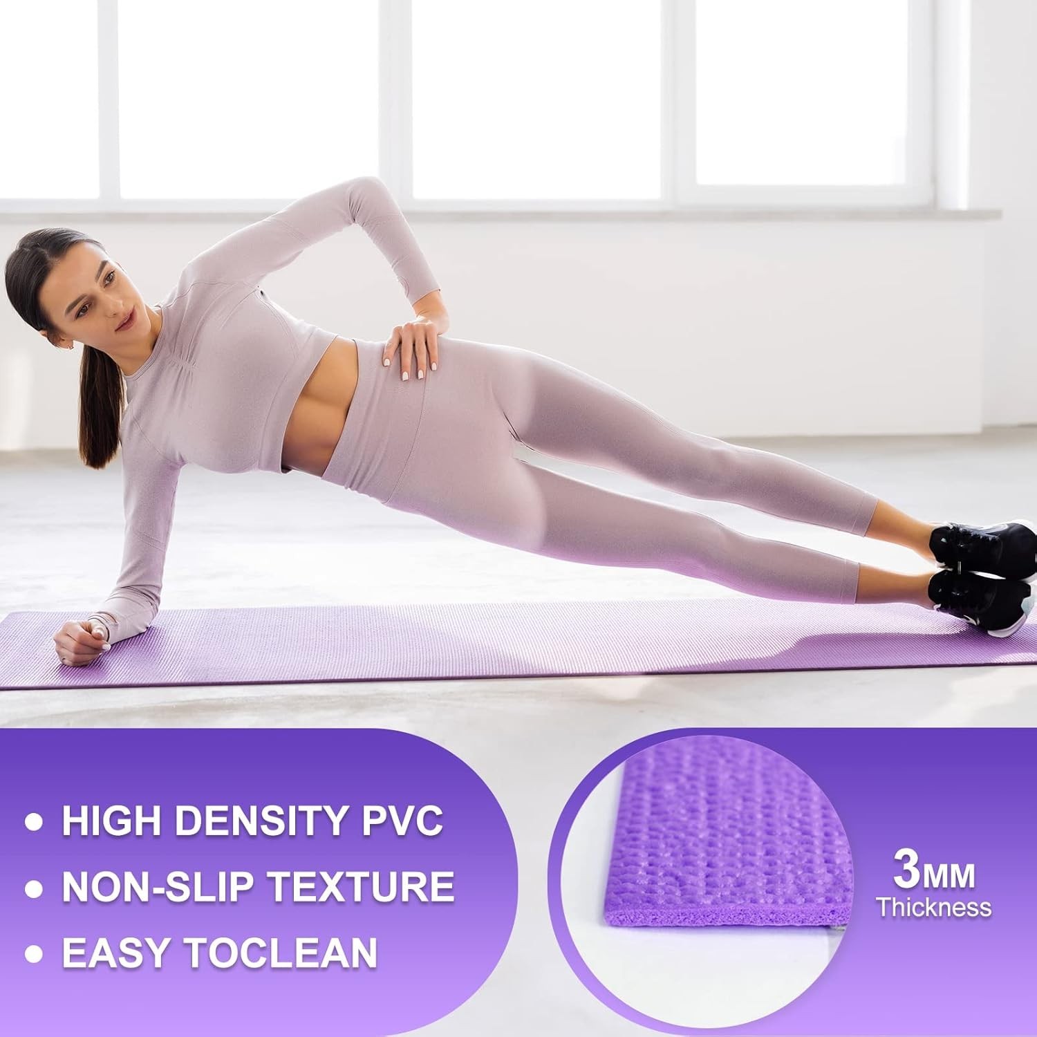 1/8&Prime; 3 mm Thick Yoga Pilates Mat Exercise Workout NonSlip Fitness Pad Gym 68×24&Prime;