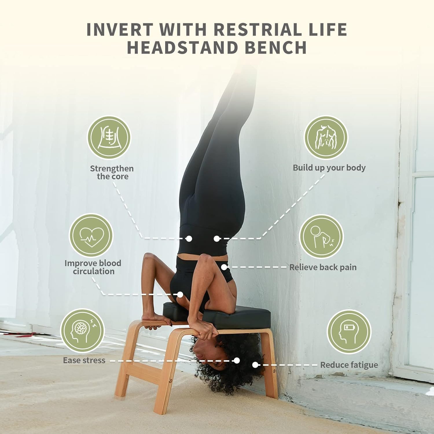 Yoga Headstand Bench- Stand Yoga Chair for Family, Gym – Wood and PU Pads – Reli