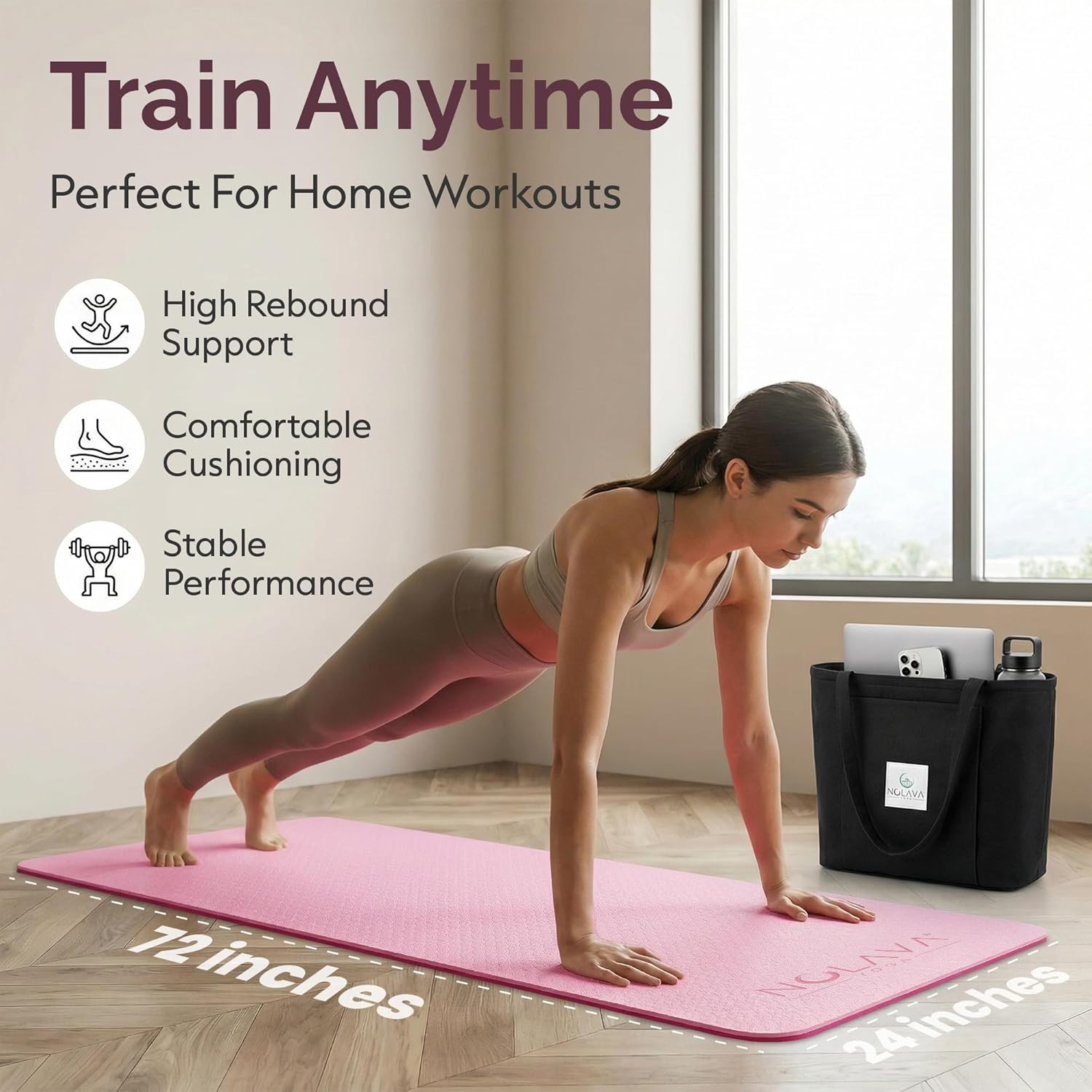 Nolava Pink TPE Yoga Mat with Tote Bag – 72 X 24 In, 1/4 in Thick Non-Slip Mat –