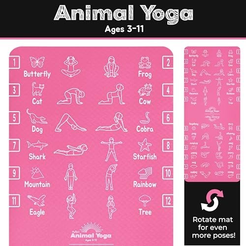 Kids Yoga Mat Non-Slip TPE Exercise Mat 24×59 6mm Thick Animal Poses Carry Strap