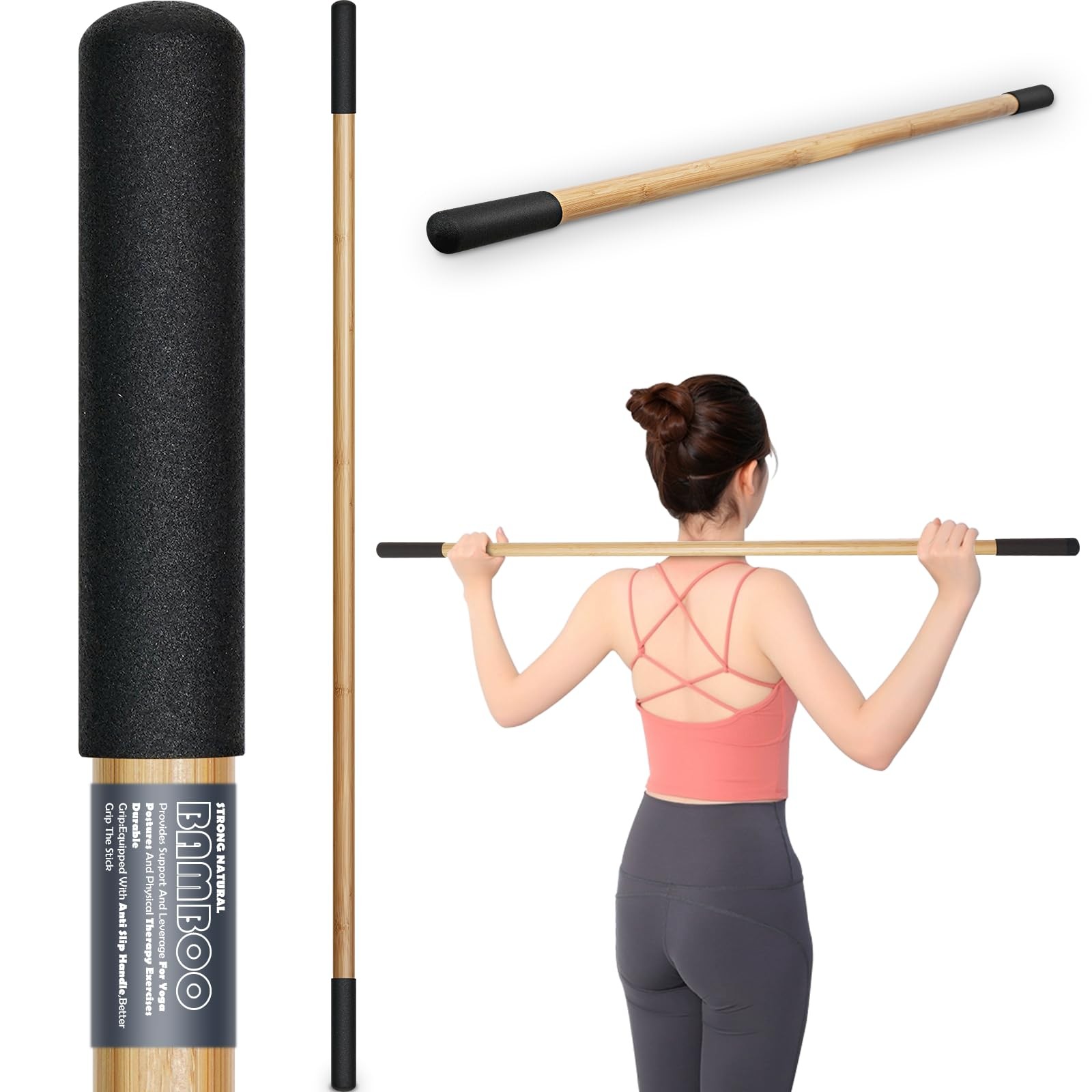 Bamboo Stretch Yoga Stick 5ft Physical Therapy Dowel Pilates Bar Rubber Handle