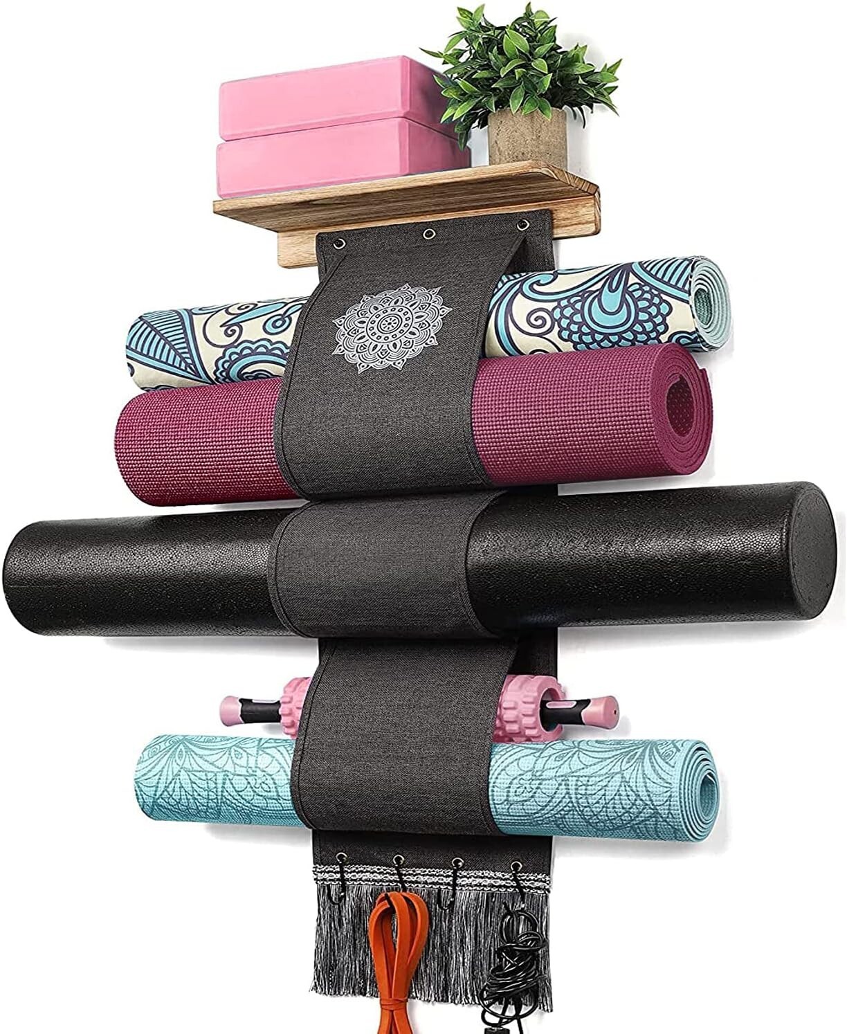Yoga Mat Holder Wall Mount Yoga Mat Storage Rack with 3 Sizes Easy Access Pocket