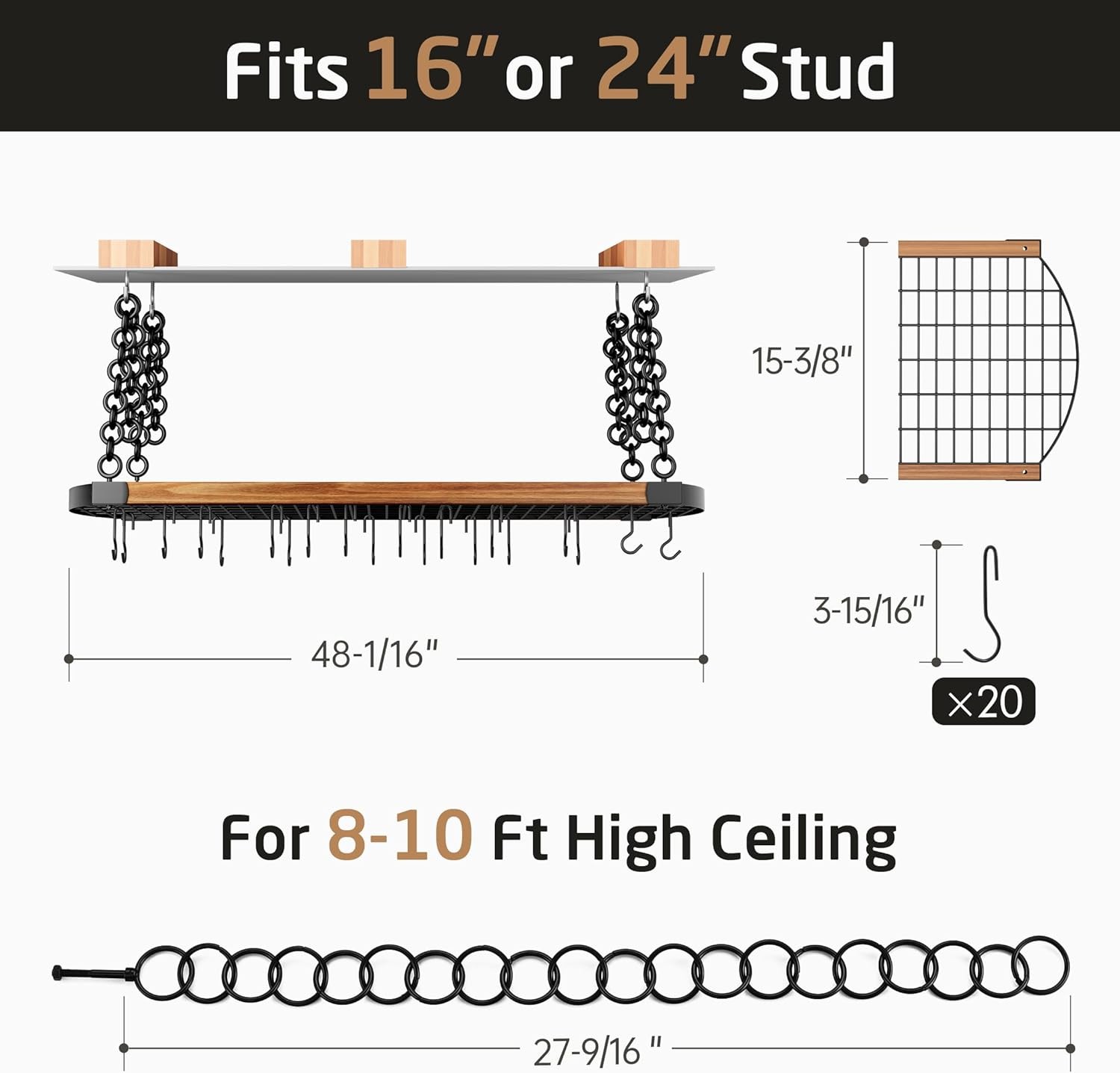 KES 48 Inch Large Hanging Pot Rack Ceiling Mount with 130Lb High-Capacity, Ceili