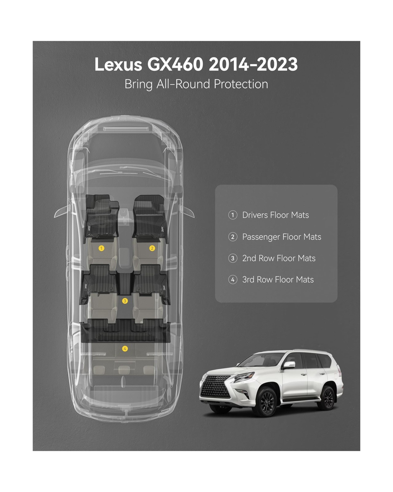 3W Floor Mats for Lexus GX460 2014-2023 (only for 7 seat), TPE All Weather Cu…