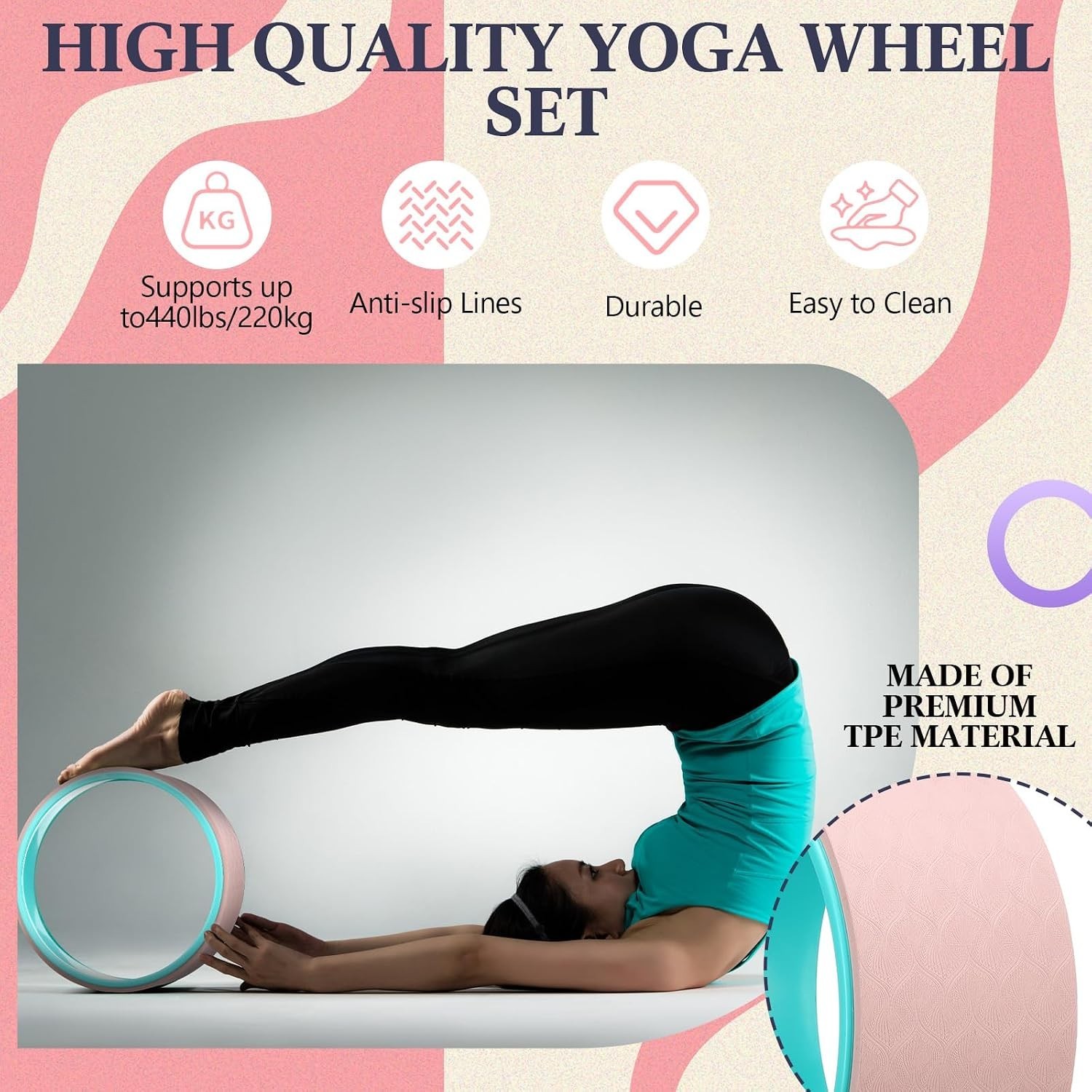 5-in-1 Pink Yoga Wheel Set Back Stretcher Wheel Deep Tissue Massage Foam Roll…