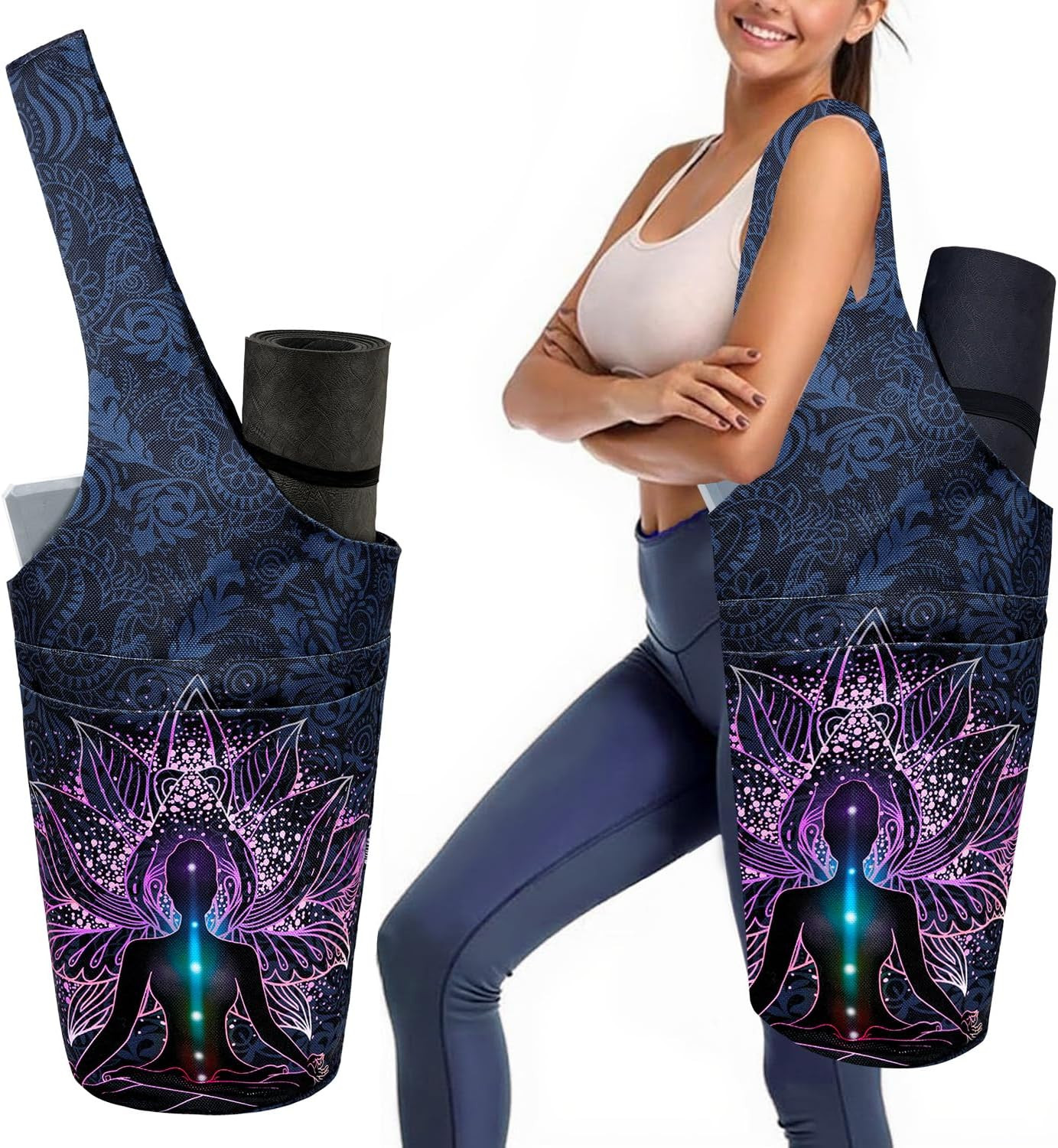 Yoga Mat Bag Carrier for Women with Side Large Pocket Durable Linen Workout Gym
