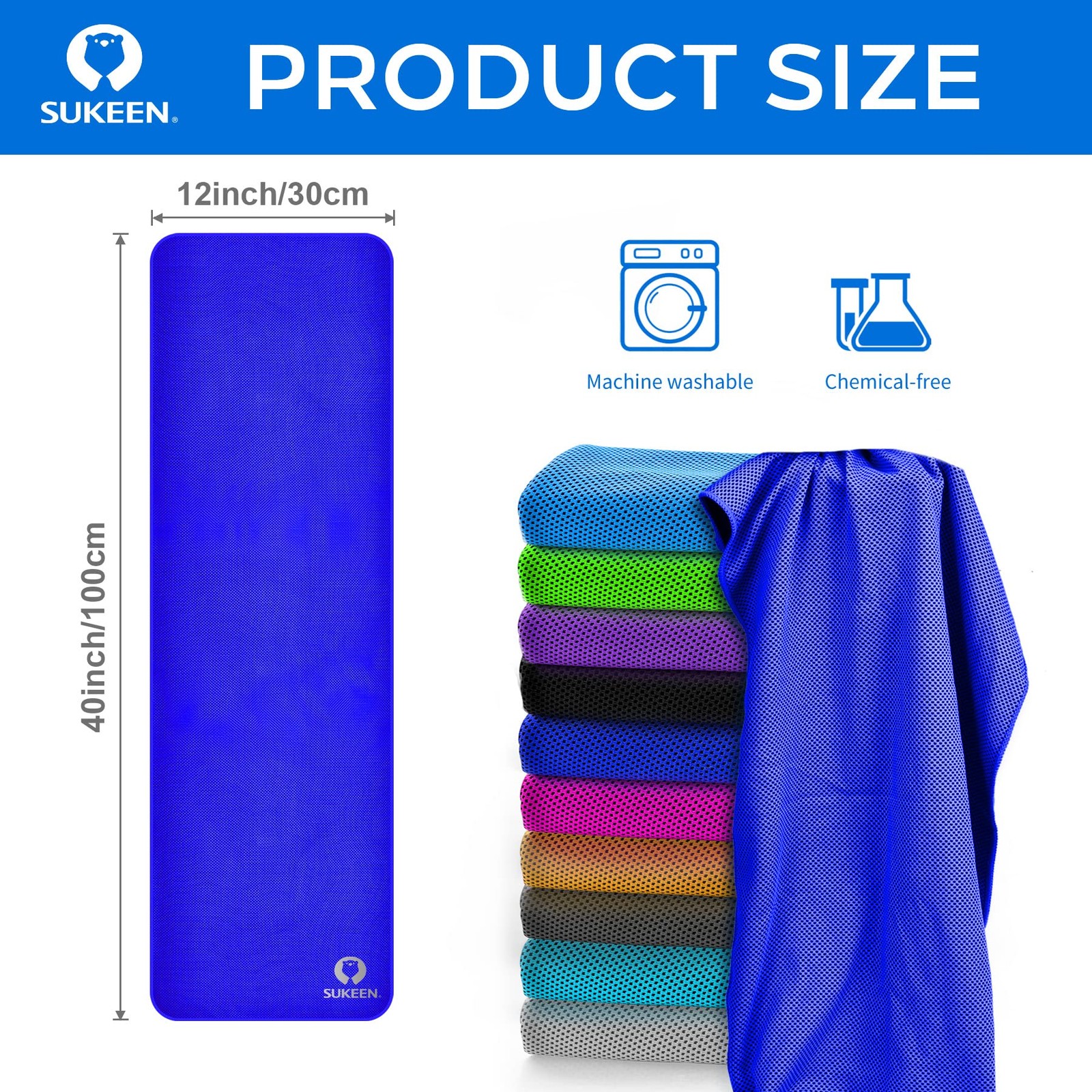 Sukeen Cooling Towel for Neck and Face 40&Prime; x 12&Prime;, Dark Blue/Green/Pink/Grey