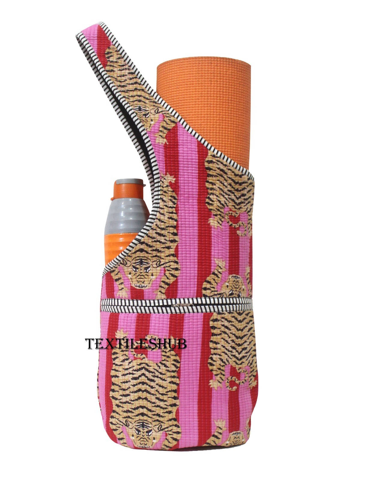 Cotton Quilted Yoga Mat Bag Handmade Tiger Print Shoulder Carrier Gym Bag
