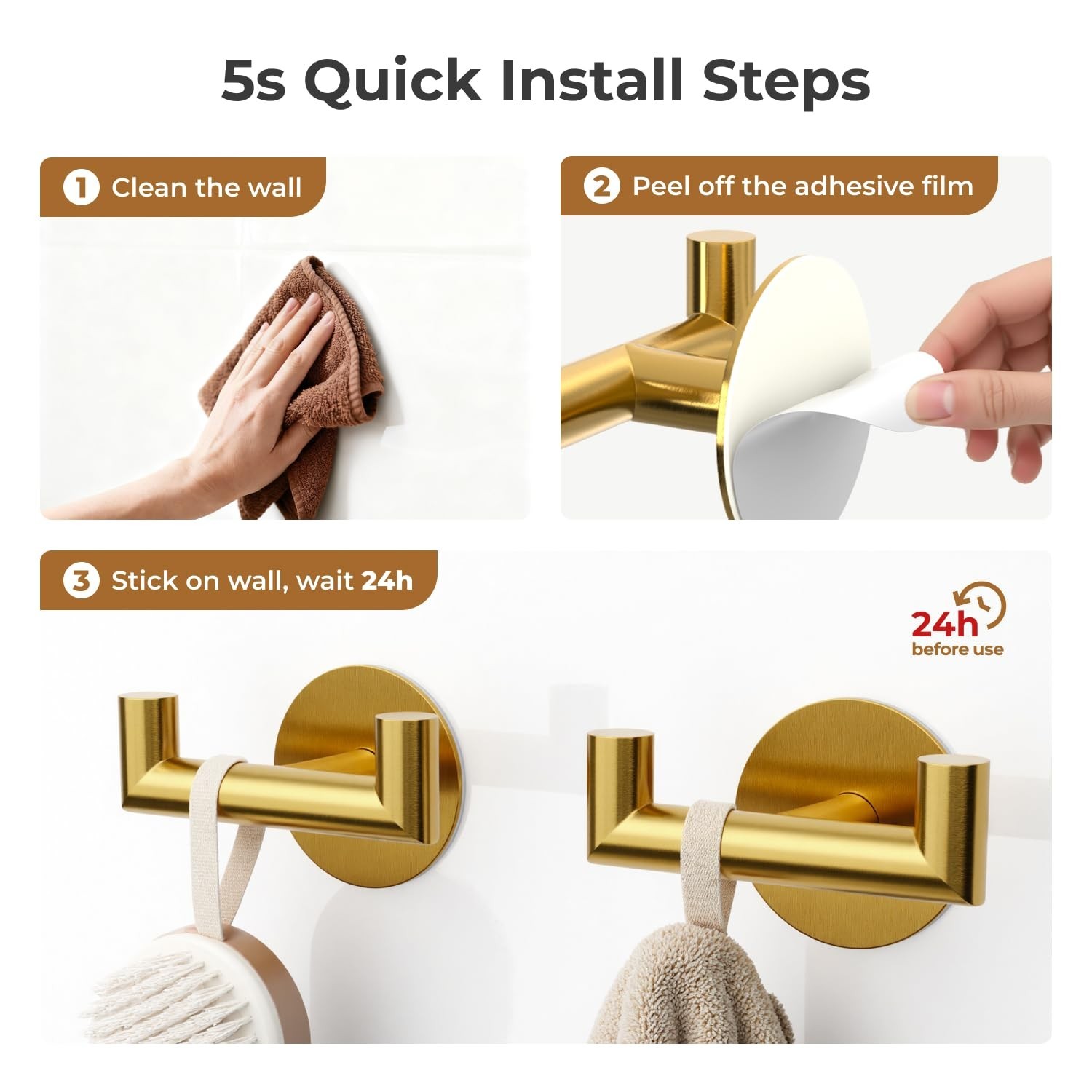 2 Pack Brushed Gold Bathroom Hooks for Towels – Self Adhesive Double Hooks fo…