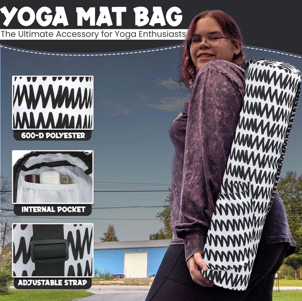 Yoga Mat Carrying Bag Fits Any Mat 2-5” and 27” Long With Pockets & Carry Strap