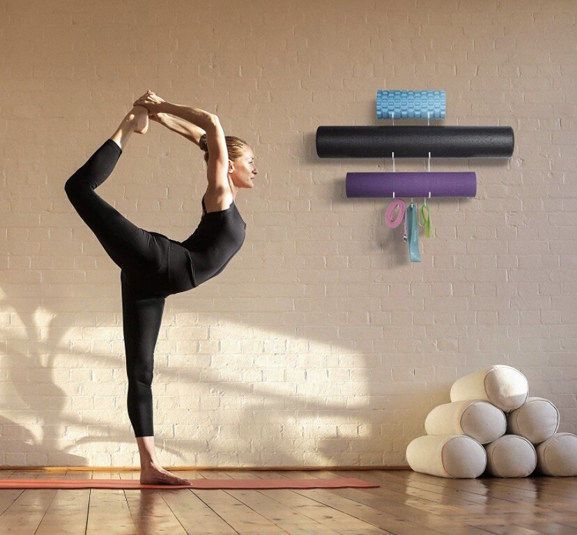 Guru Wall Mount Yoga Mat Foam Roller and Towel Rack with 3 Hooks for White