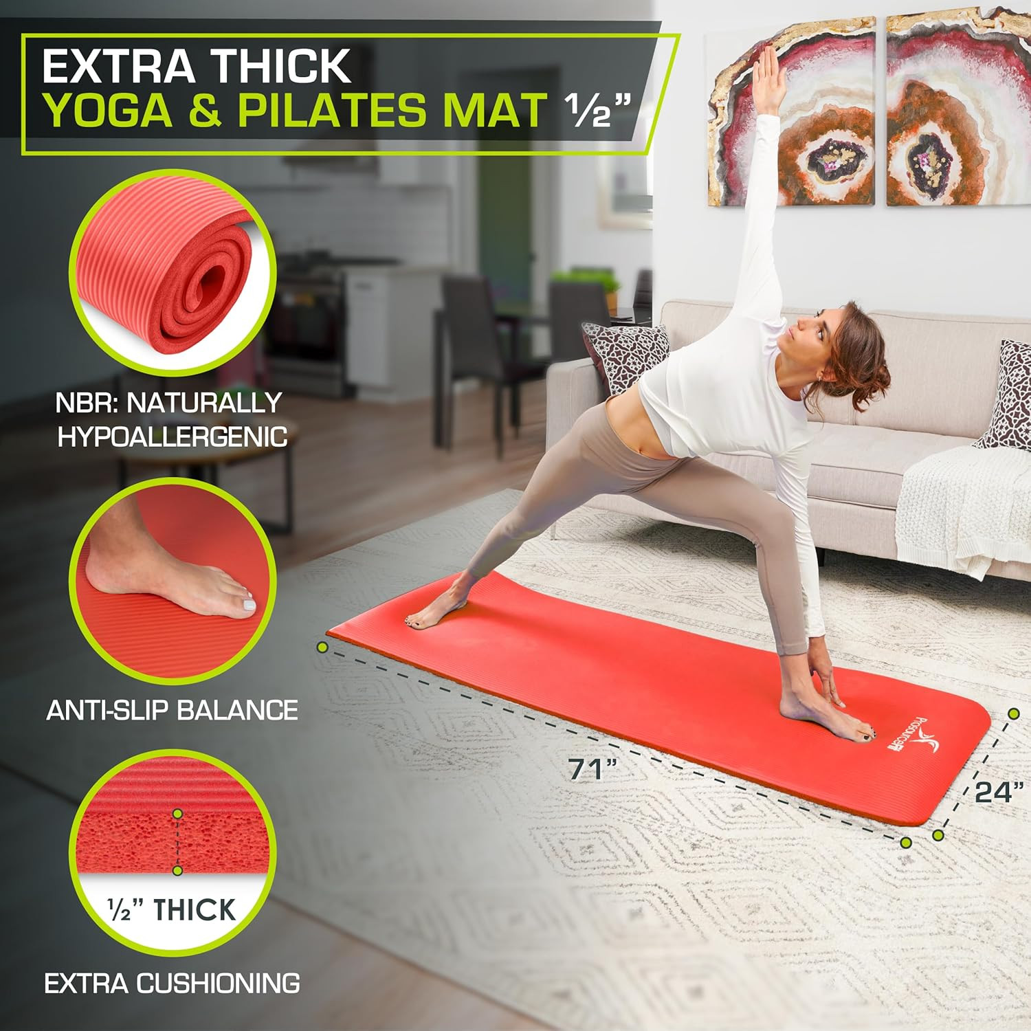 Extra Thick Yoga and Pilates Mat ½” (13Mm), 71-Inch Long High Density Exercise M