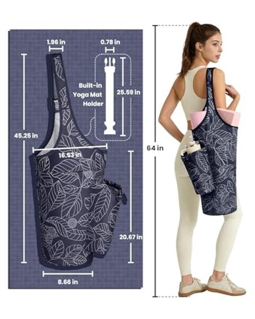 Large Navy Blue Yoga Mat Bag for Women with Drawstring Pocket & Inner Pocket