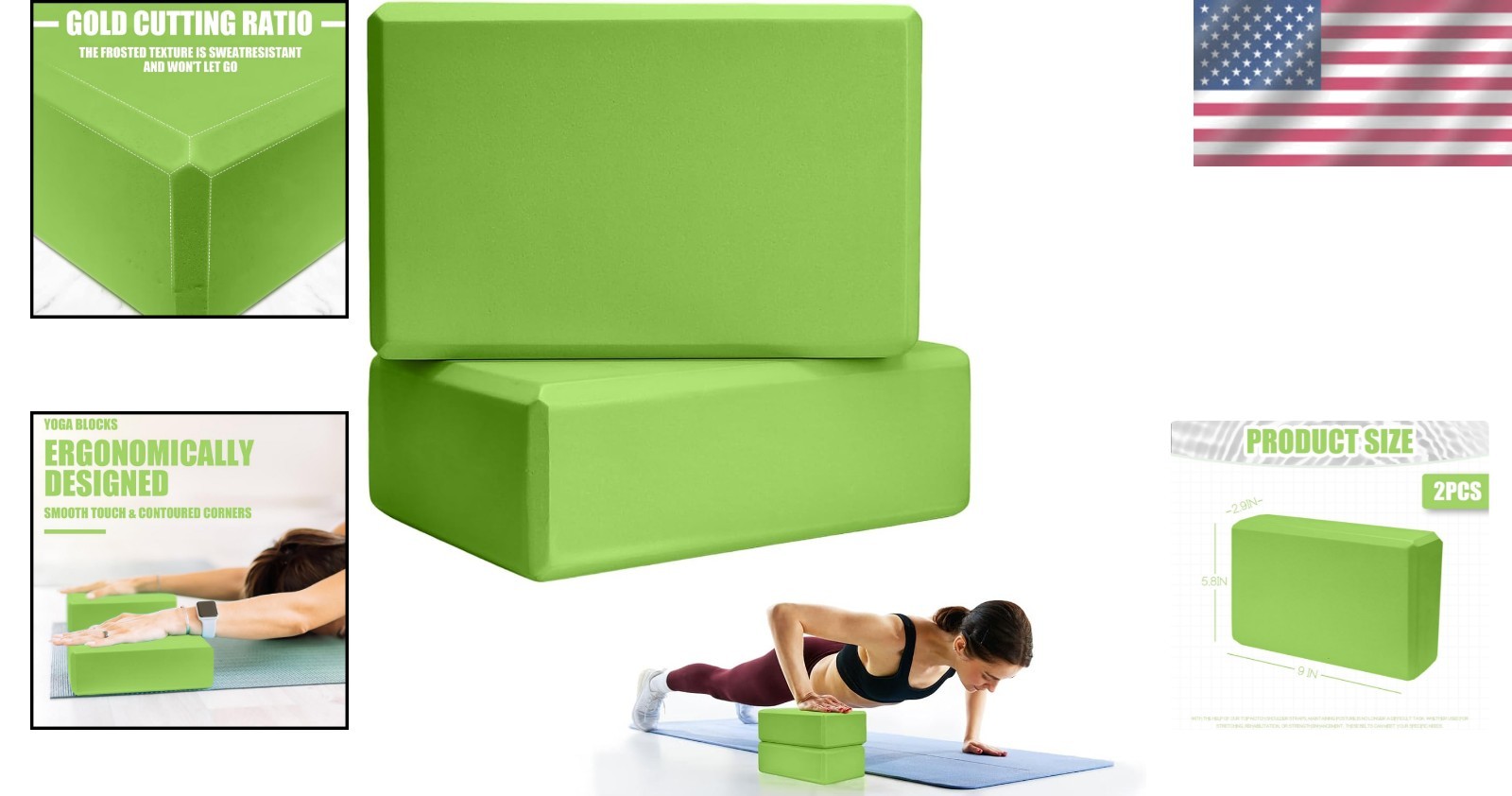 2 Pcs Avocado Green Yoga Blocks – 9&Prime;L x 3&Prime;W x 6&Prime;H | Lightweight & Non-Porous