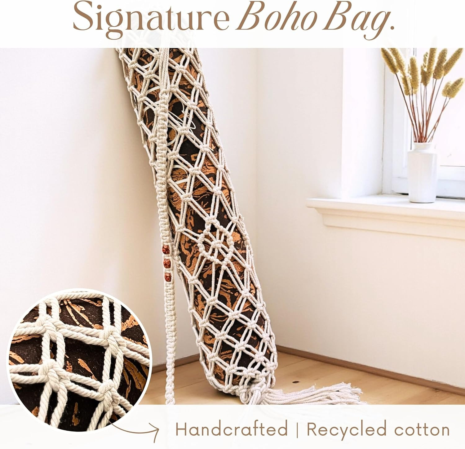 Premium Eco-Friendly Cork Yoga Mat with Handmade Boho Bag – Gold or Coffee