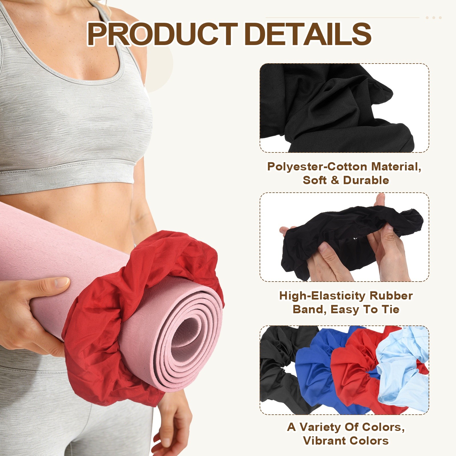 Yoga Mat Scrunchy, Yoga Mat Strap Band 2 Pcs & Cotton & Black & Brown